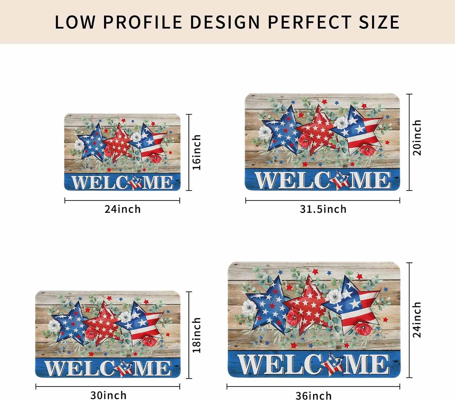 4th of July Doormat Rugs Outdoor/Indoor Patriotic Memorial Day Non-Slip Entrance Welcome Mat for Front Door/Bathroom/Kitchen/Bedroom/Patio/Entryway Rug,16"x24", American Stars Summer Poppy Eucalyptus