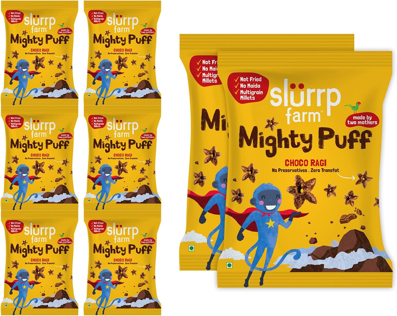 Slurrp Farm Healthy Snacks for Kids | Mighty Puff Choco Ragi | Not Fried, No Maida | Ragi Snack for School Tiffin and Travel-Friendly | 8 X 20g Each