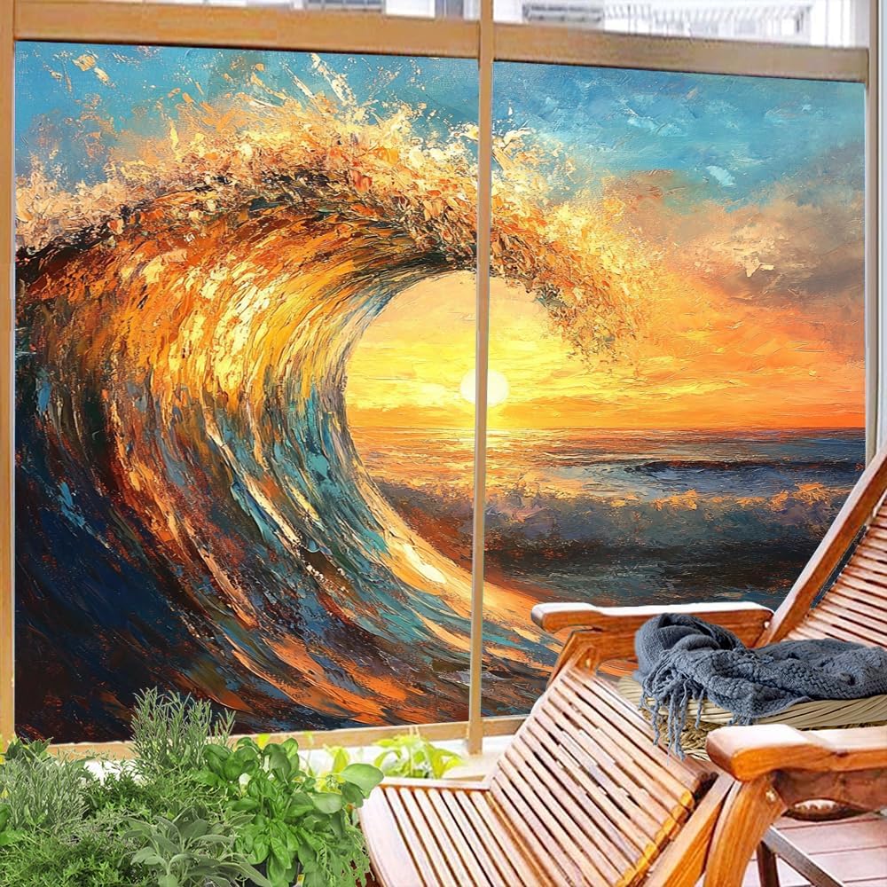 Sunset Ocean View Window Film Privacy Modern Beautiful Waves Decorative Stained Glass Decal for Home, Adhesive Window Sticker 35.4Wx63L inch x 2pcs