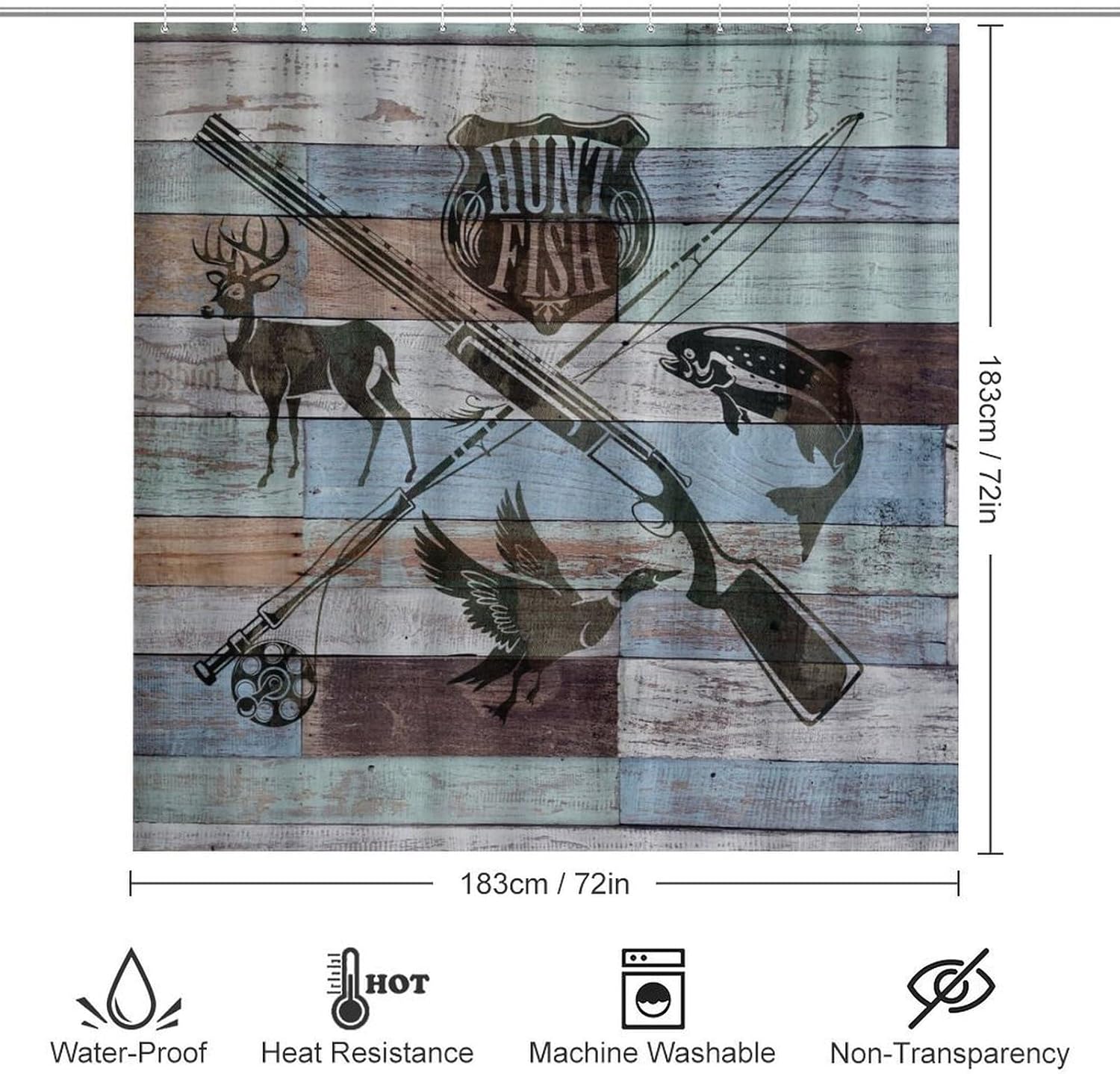 Rustic Hunting Theme Wood Board Shower Curtain Set 4 Pcs, Cabin Farmhouse Forest Animal Deer Fish Ducks Bathroom Curtains Non-Slip Rugs Bath Mat Toilet Lid Cover