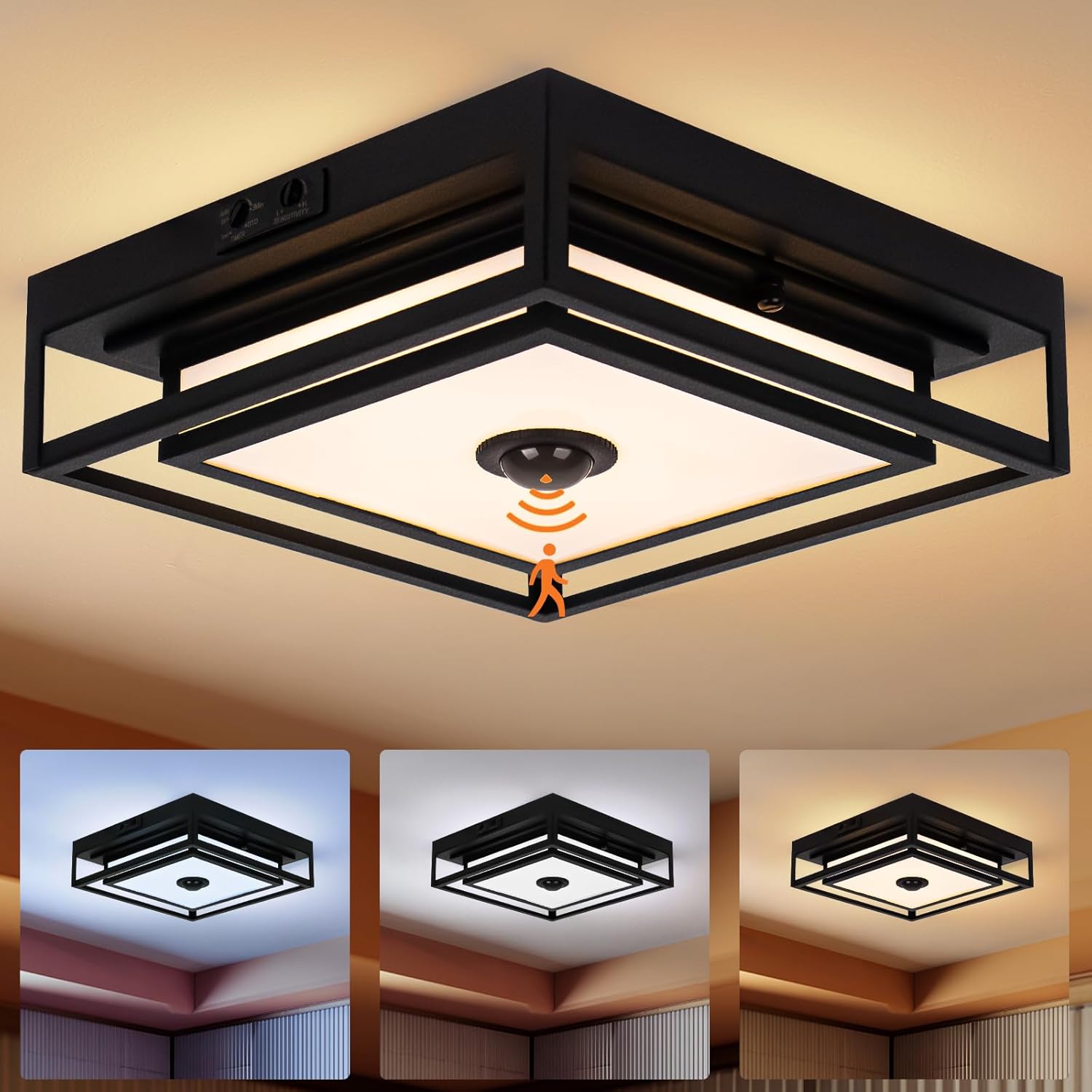 LED Motion Sensor Outdoor Ceiling Light, Modern Black Flush Mount Ceiling Light, 10.5" Square Dusk to Dawn Exterior Light, Waterproof Light Fixture Ceiling Mount for Porch, Garage, Entryway ,Farmhouse