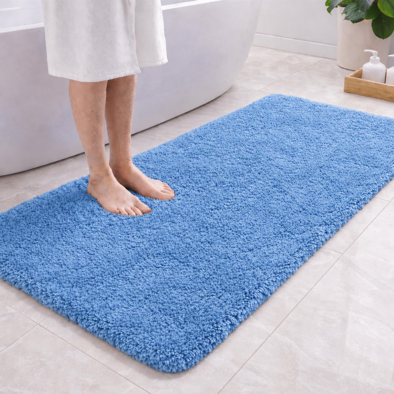 PUFFMAT Microfibre Bath Mat 120 x 60 cm Blue, Absorbent Bathroom Rug with Soft Plush Pile and TPR Backing, Machine Washable Bathroom Mat for Shower, Bathtub, Toilet and Guest Bathroom