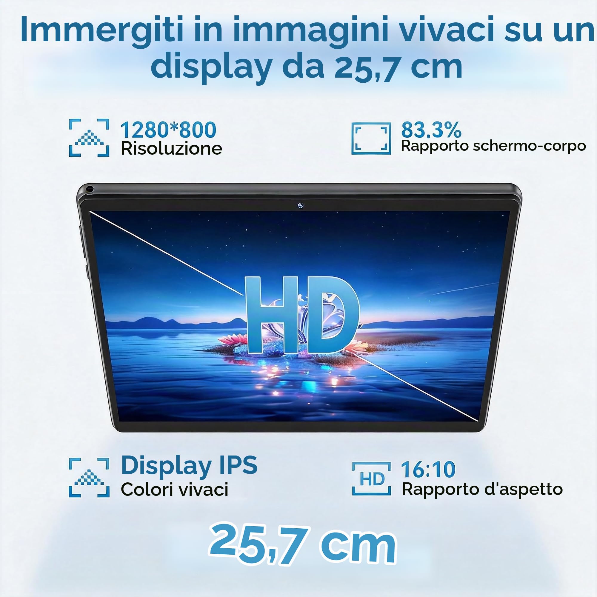 Tablet Android 10.1" Android 15, 18GB RAM (6+12) + 128GB, T30 Octa-Core, 1TB Espandibile, WiFi 6, 6000mAh, Display IPS HD 1280×800, Widevine L1, GPS, Gemini AI