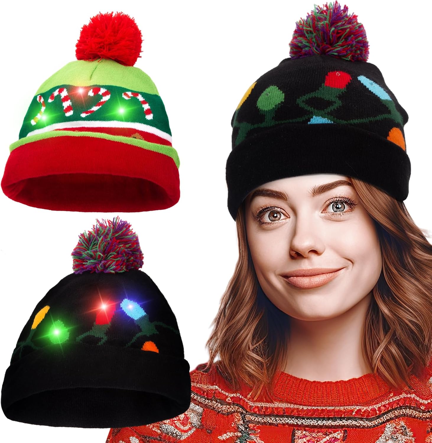 MCPINKY 2PCS Christmas LED Beanie Hats, Light Up Knit Beanie Hats Flashing Christmas Hat for Kids Adults Xmas Ugly Sweater Party