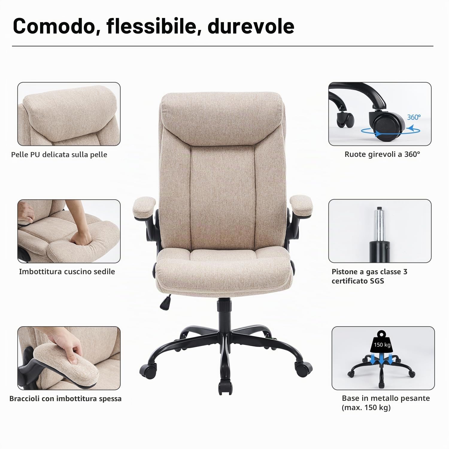 MZLEE Sedia da ufficio ergonomica per computer, sedia da lavoro girevole con braccioli pieghevoli, altezza regolabile, comoda per l'ufficio o giochi a casa (tessuto beige)