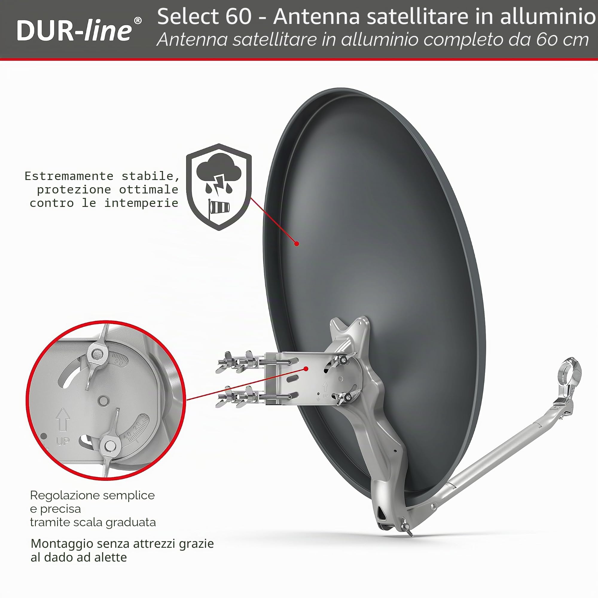 DUR-line Set di 2 partecipanti, impianto satellitare completo in alluminio di qualità, Select 60 cm/65 cm, specchio/ciotola antracite + Twin LNB, per 2 ricevitori/TV [tecnologia all'avanguardia