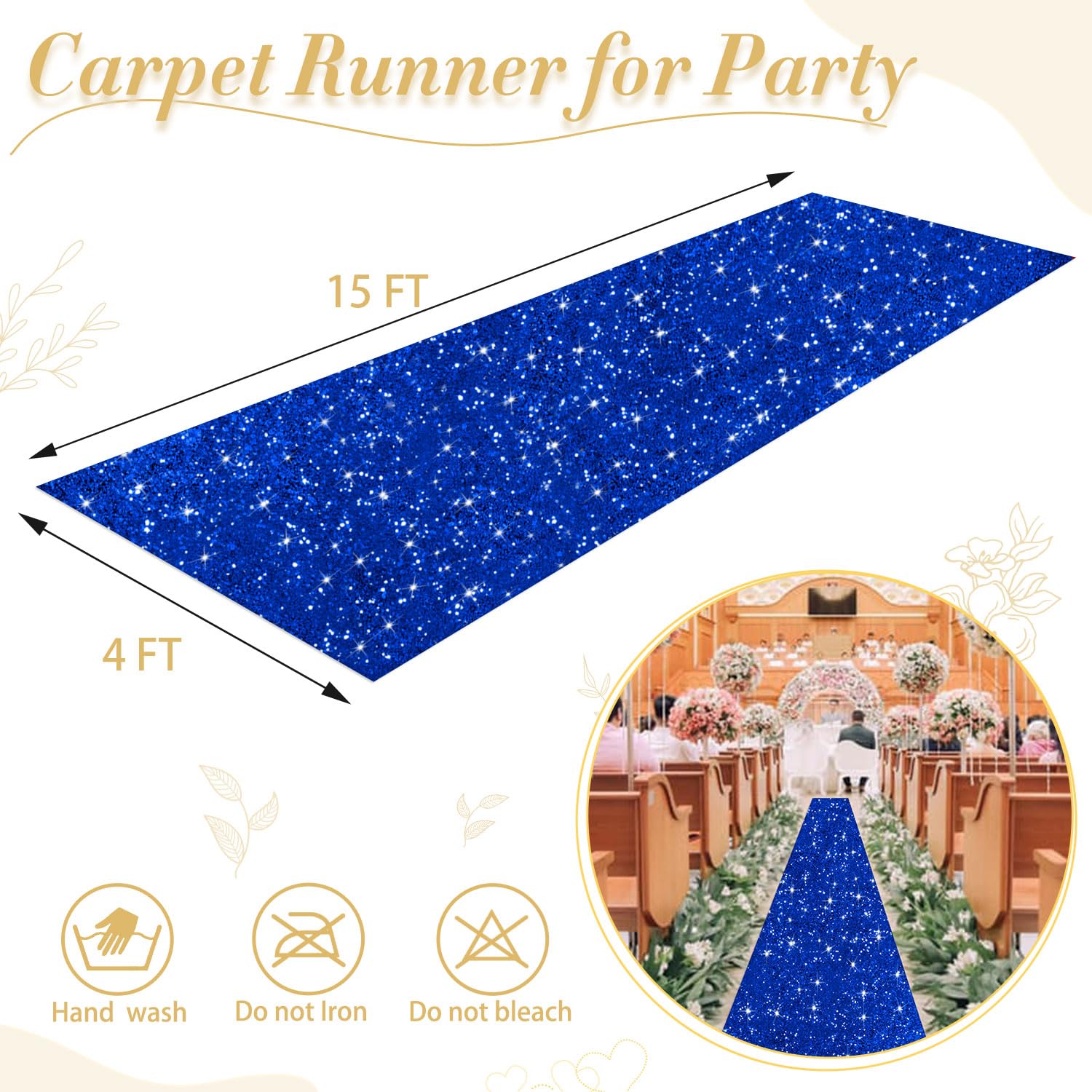 Tapis de couloir à paillettes pour mariage, fête de mariage, intérieur et extérieur, banquet, fête prénuptiale, décoration d'allée bleu roi 1,2 x 4,5 m