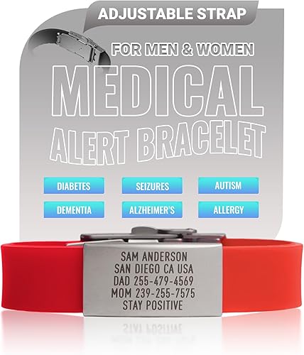 Pulsera de alerta médica PRO THIN ID - Pulsera de emergencia personalizada para mujeres y hombres, silicona cómoda, acero inoxidable resistente al