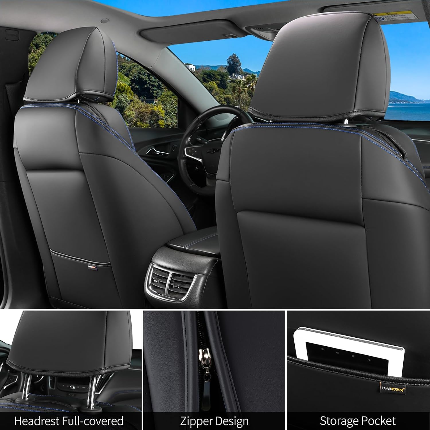 Huidasource for Chevrolet Malibu Seat Covers 2016-2025, Breathable Faux Leather Seat Covers for Chevy Malibu L, LS, LT, Premier, RS 2016-2025, Backseat Cup Holder Compatible(Full Set/Black&Blue)