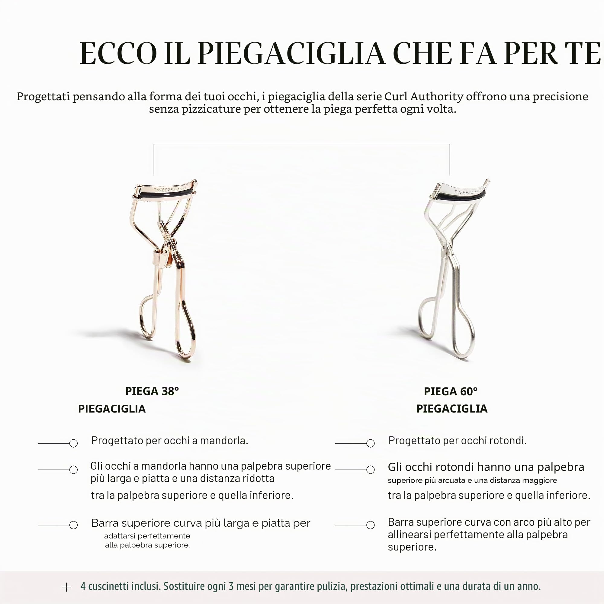 TWEEZERMAN Piegaciglia Curl 60° (per occhi rotondi, include 3 cuscinetti di ricambio, acciaio inox), Platino