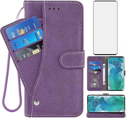 Asuwish Funda compatible con Moto Edge Plus 2020, protector de pantalla de vidrio templado, soporte para tarjetas de crédito, accesorios celulares,