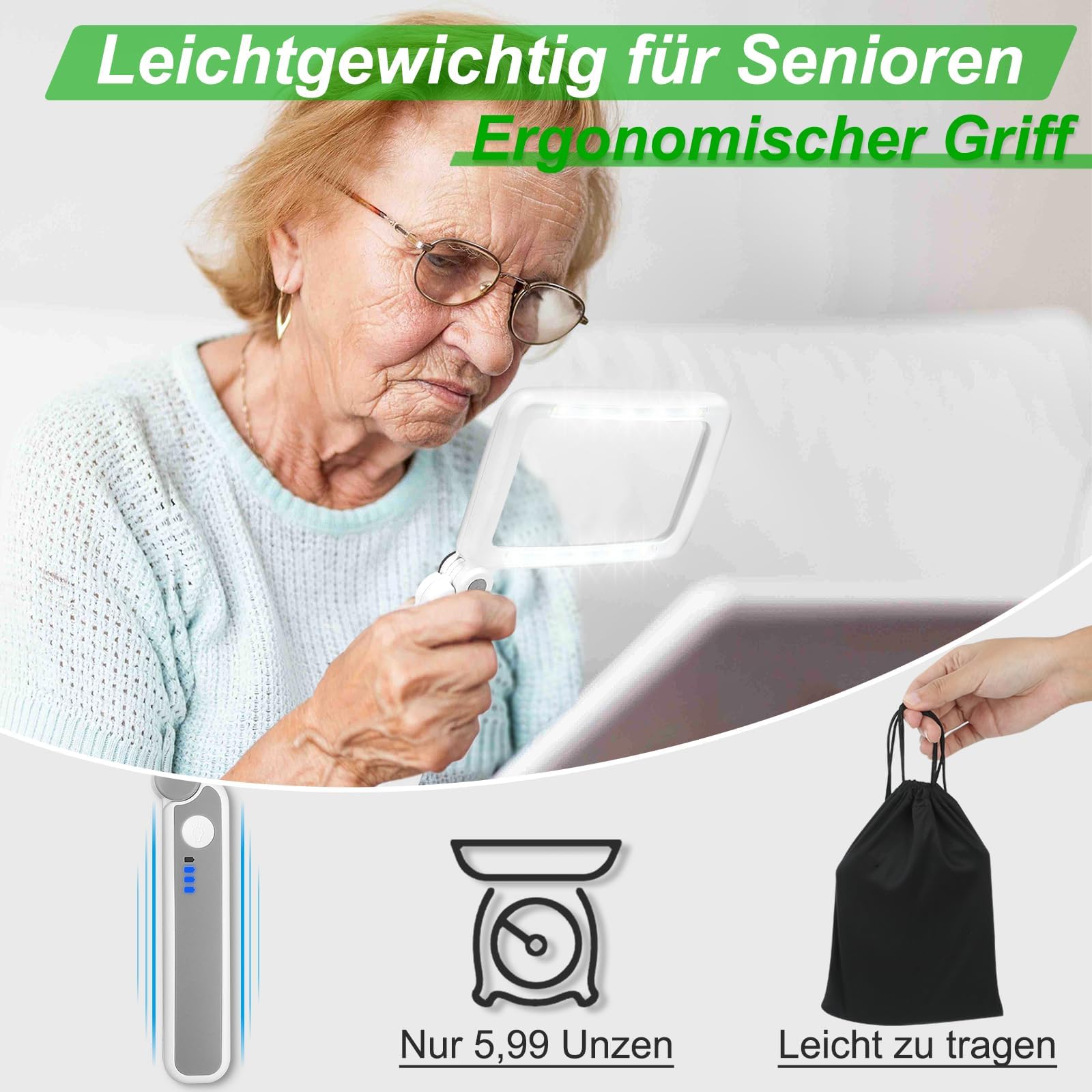 Wiederaufladbares 6-faches Vergrößerungsglas zum Lesen - Handliches Seitenvergrößerungsglas mit Licht für Sehbehinderte Senioren - Leichtgewichtige LED-Lupe zum Lesen/Zeitungen/Kleingedrucktem