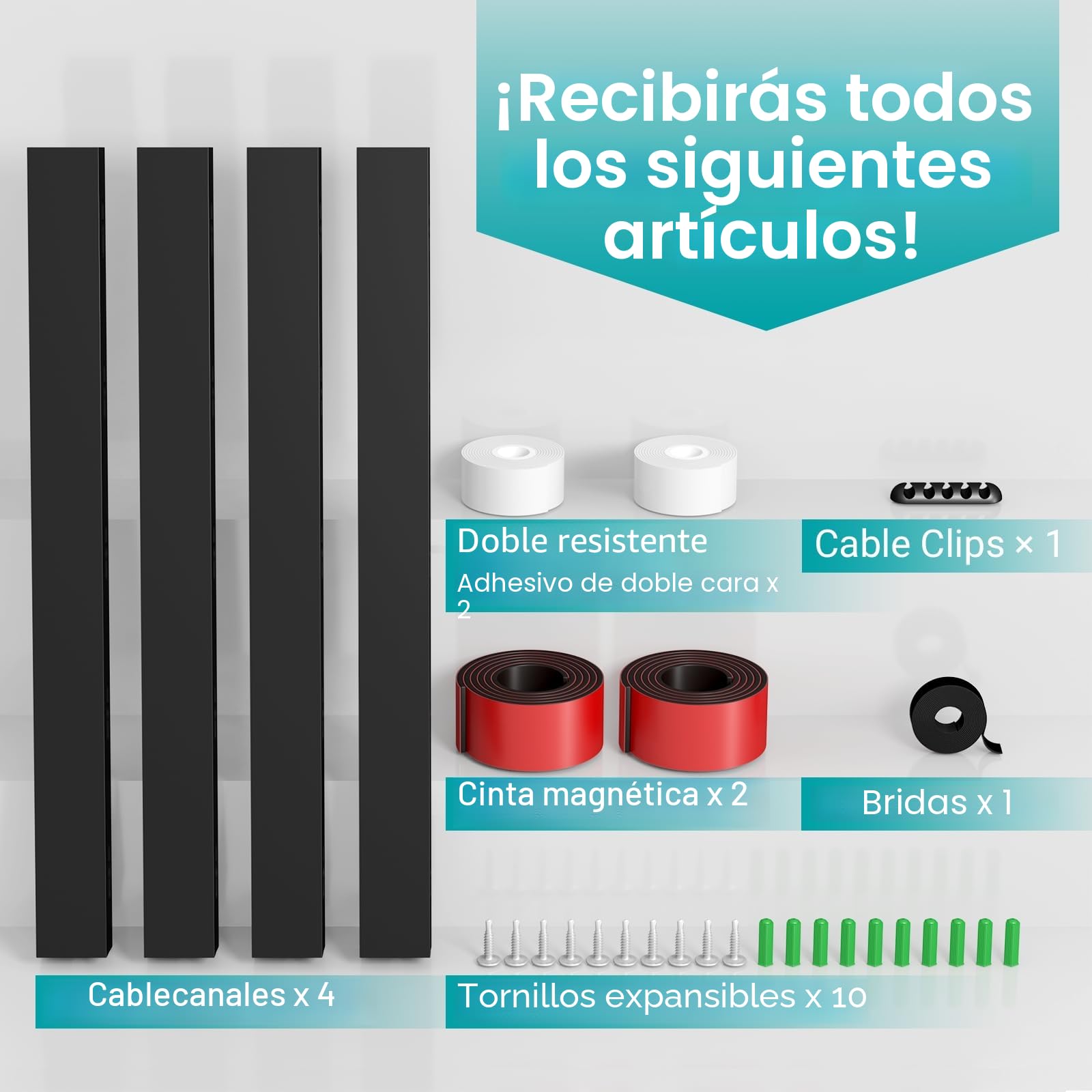 Canaletas Cables, Canaletas para Cables Adhesivas Magnetic, Organizador de Cables para Ocultar Ordenador, Mesa de Juegos, Red, TV, Cable de Alimentación (4PCS 3.5x3x40cm Negro)