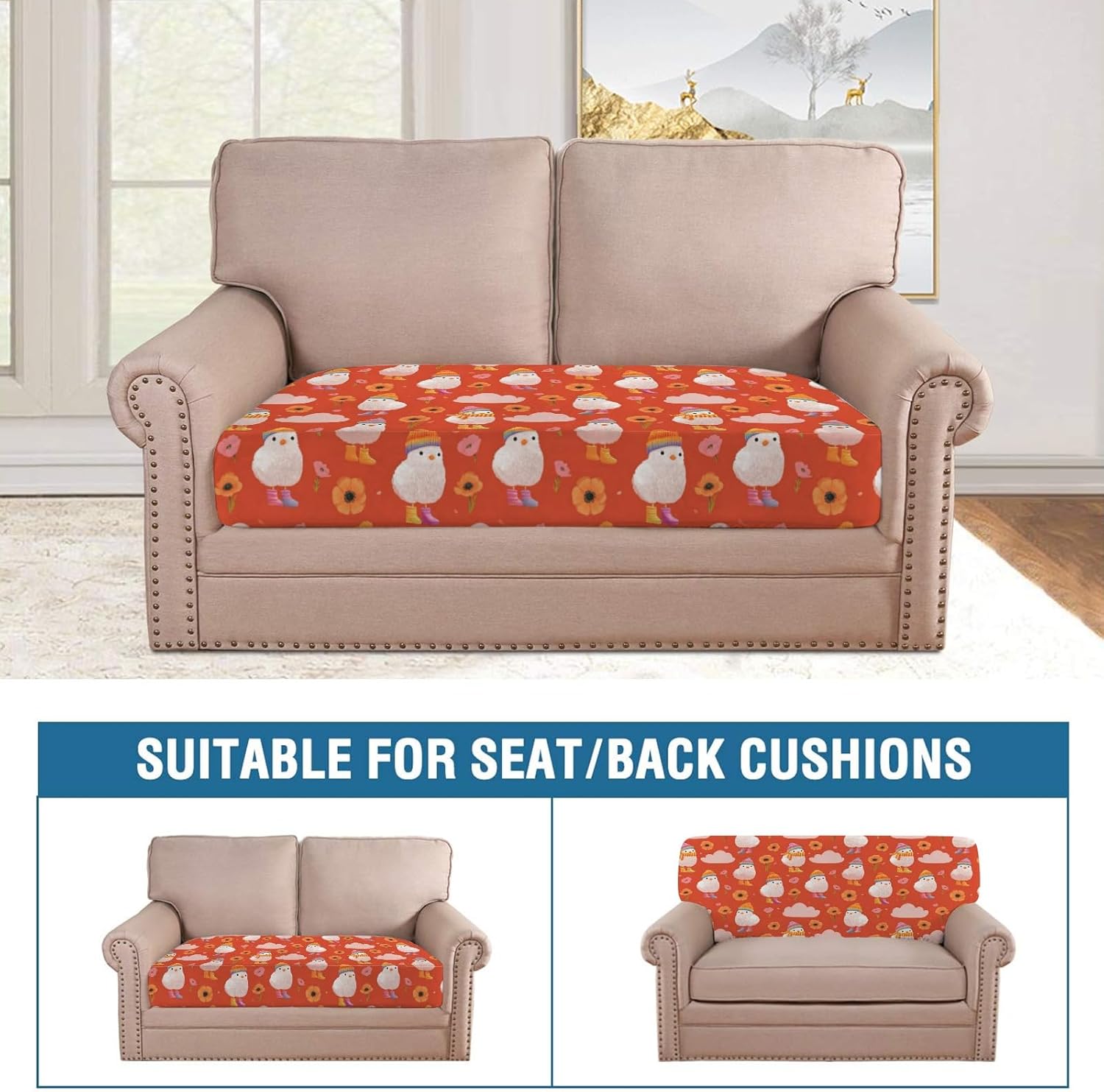 Winter Chick Flowers Art Loveseat Covers Couch Covers for 2 Cushion Couch, 2-Piece Stretch Sofa Slipcovers Anti-Slip Washable Furniture Protectors for Dogs Pets