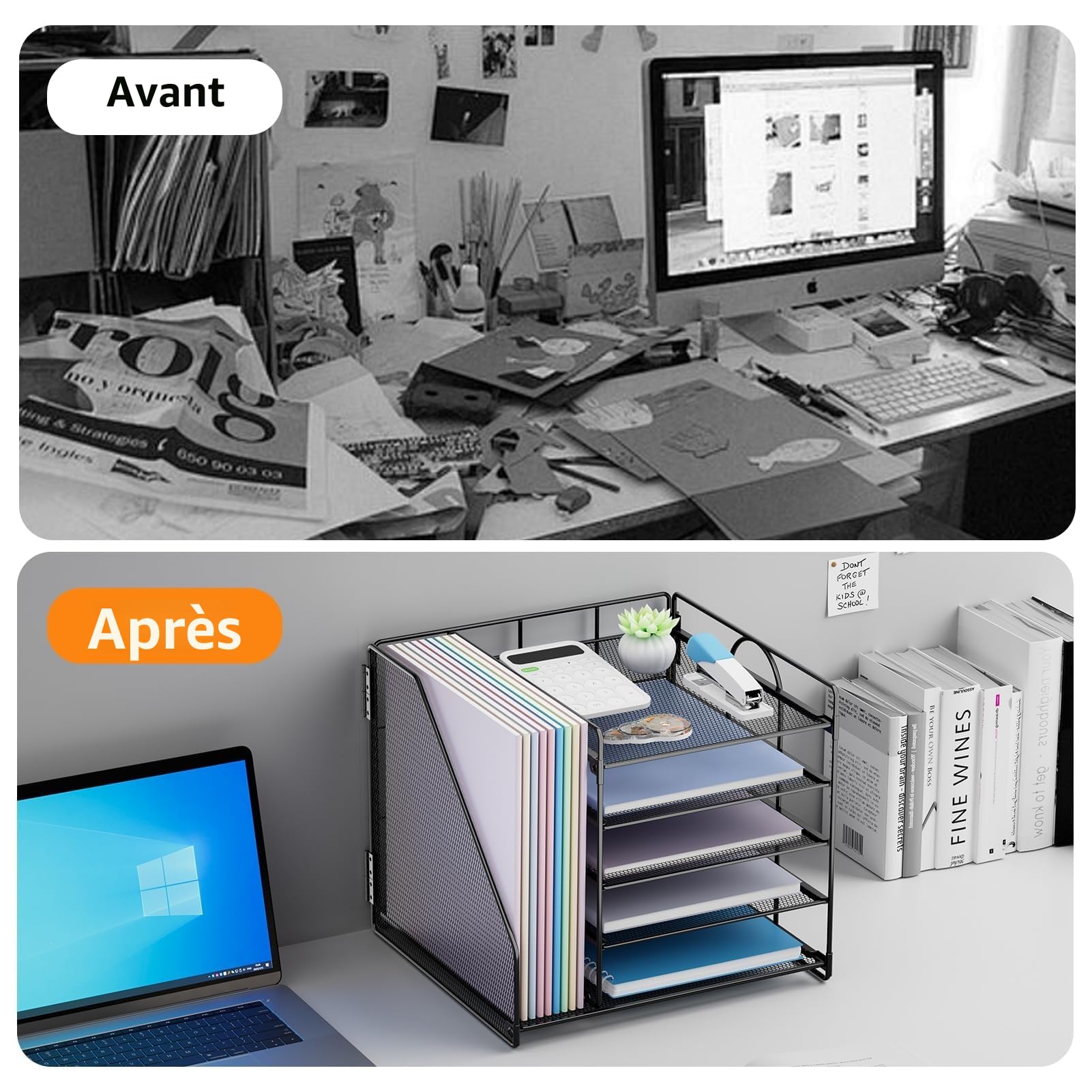 Organiseur de Bureau 5 Niveaux Rangement Documents Porte-Fichiers Corbeille Courrier Maille Métallique Noir