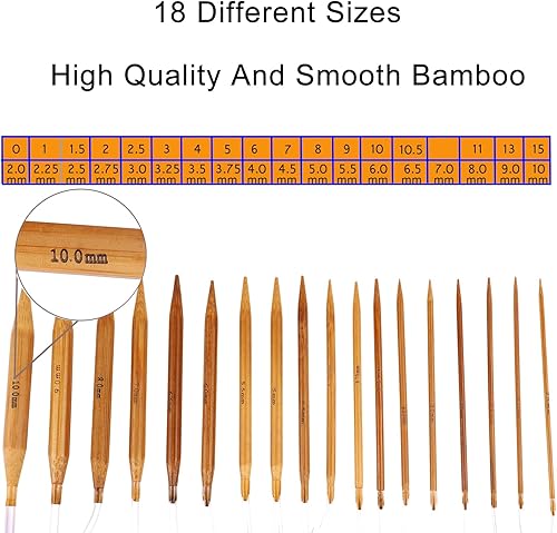 Miniatura 3 de Juego de 18 pares de agujas de tejer de bambú circulares con pequeñas herramientas para tejer, agujas de tejer flexibles de doble punta para