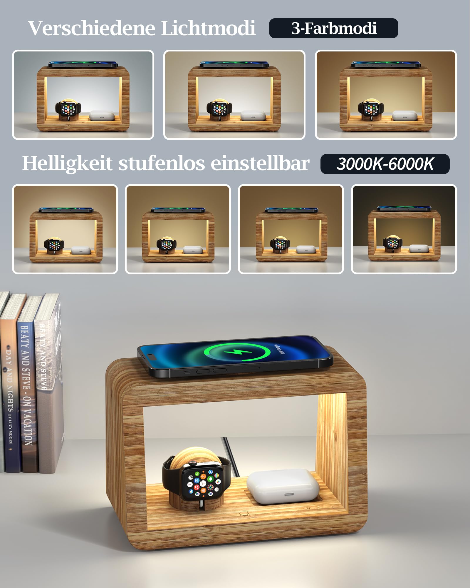 Estación de Carga inalámbrica con luz Nocturna, Cargador rápido inalámbrico 4 en 1 con Adaptador y Cable, Cargador inalámbrico para i Phone, AriPods Pro, A`pple Watch