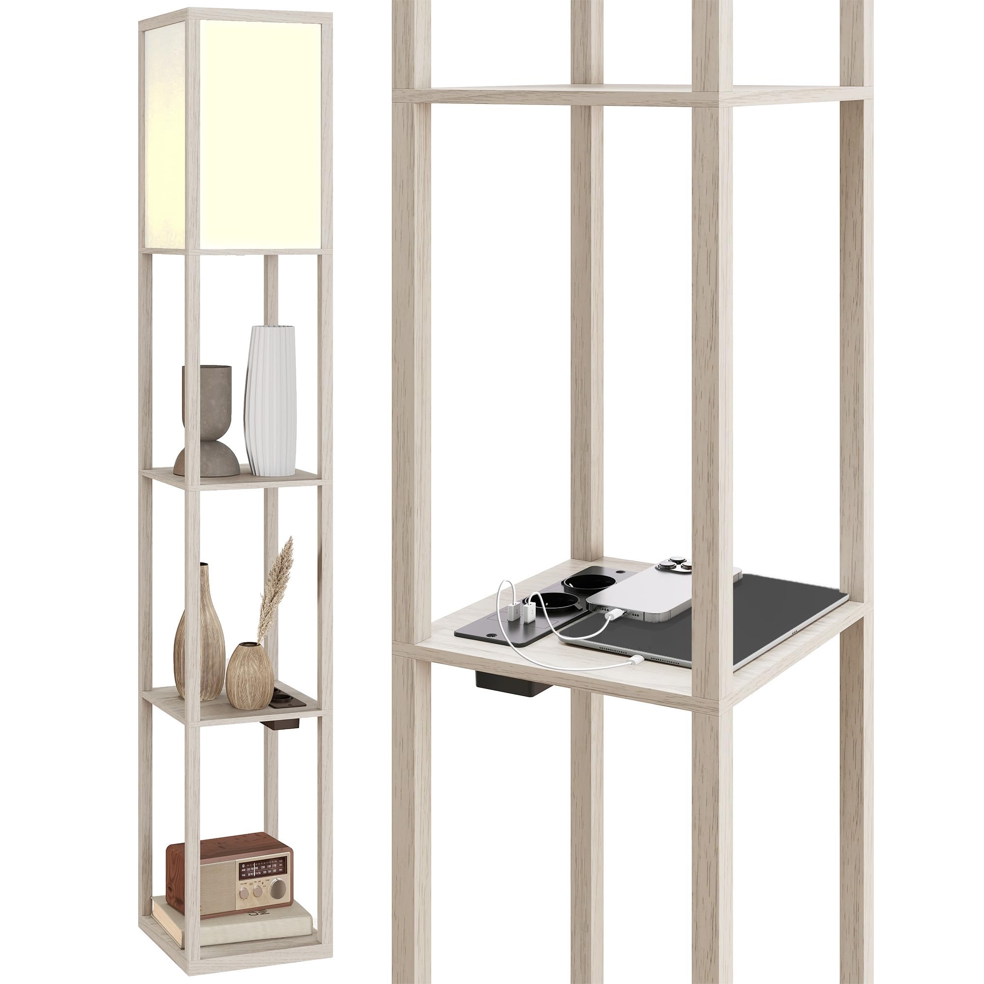 HOMCOM Lampada da Terra LED con Ripiani, Lampada Moderna con Interruttore a Pedale e Porte USB, Temperatura della Luce Regolabile per Soggiorno e Camera da Letto, Bianco e Rovere