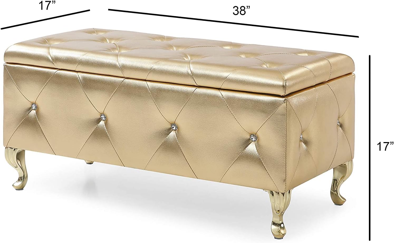 AC Pacific Bench with Upholstered Tufted Leather Cushion Leg Finish, Glam Storage Ottoman for Entryway, Hallway, Living Room or Bedroom, Gold Crystal : Home & Kitchen