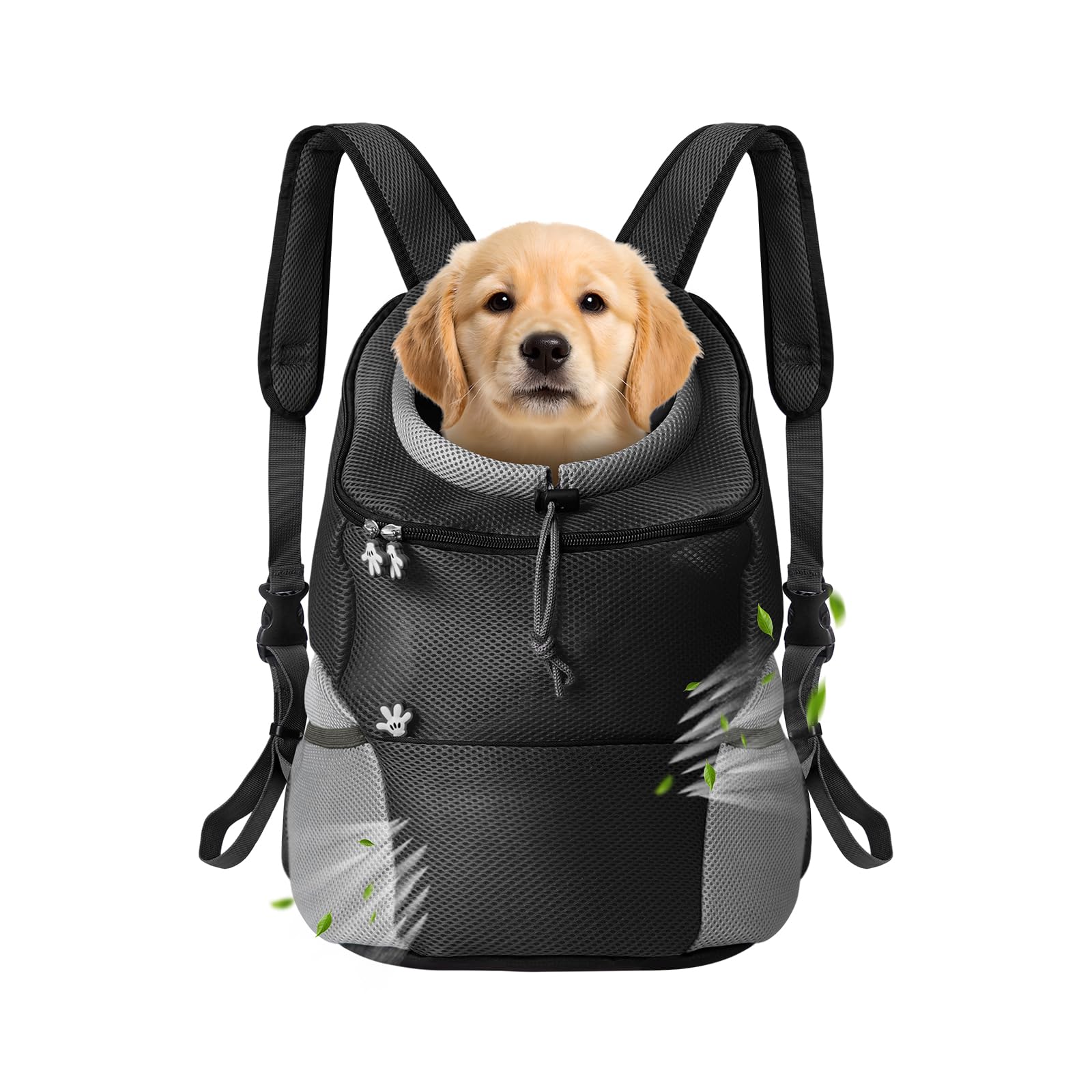 Bojury Pet Dog Carrier Backpack, Small Dog Cat Front Backpack, Breathable Adjustable Puppy Carrier with Safety Belt for Travel Hiking Cycling Walking Outdoor Black M