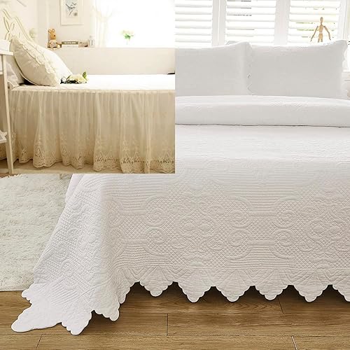Brandream Juego de edredón blanco de 4 piezas, tamaño King, juego de colcha de matelasse de granja, juego de ropa de cama acolchado de algodón