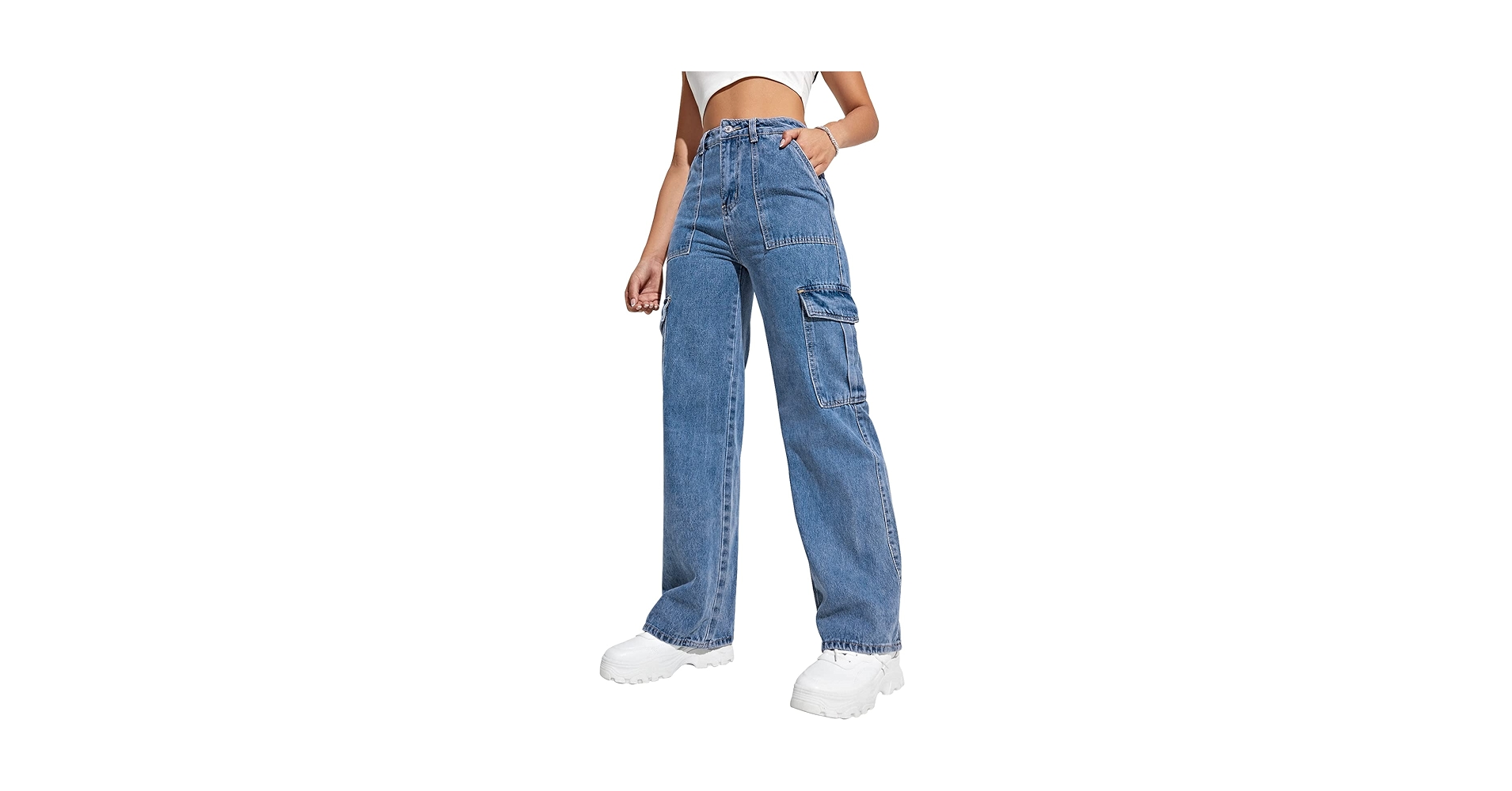 Flvsun Women's High Waisted Cargo Baggy Jeans Flap Pocket