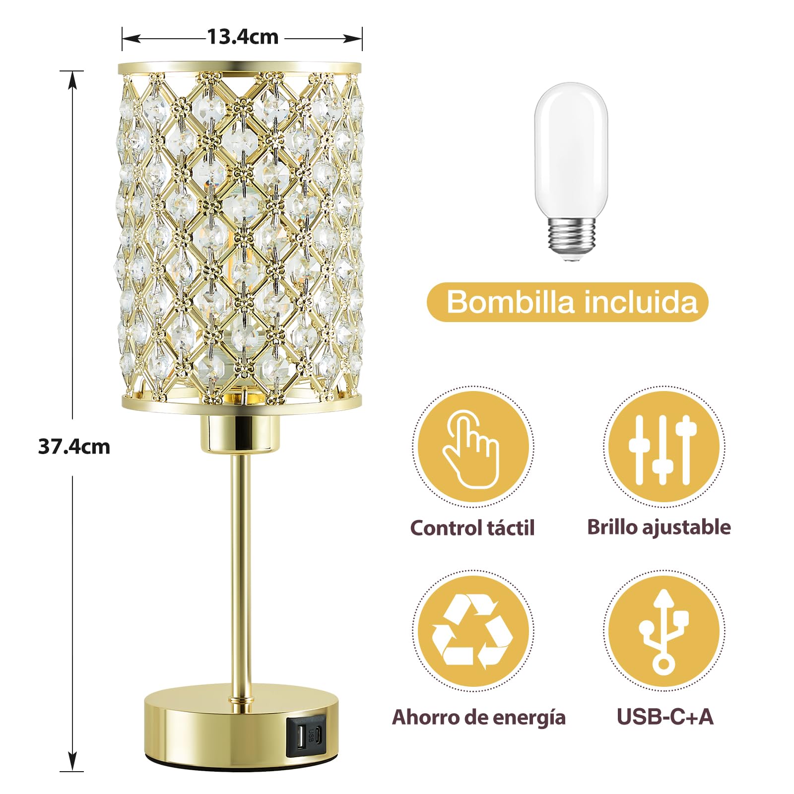 GyroVu Lámpara de mesa de cristal, lámpara táctil dorada para mesita de noche con puertos USB C+A, lámpara regulable en 3 niveles con pantalla de cristal, lámpara pequeña para dormitorio