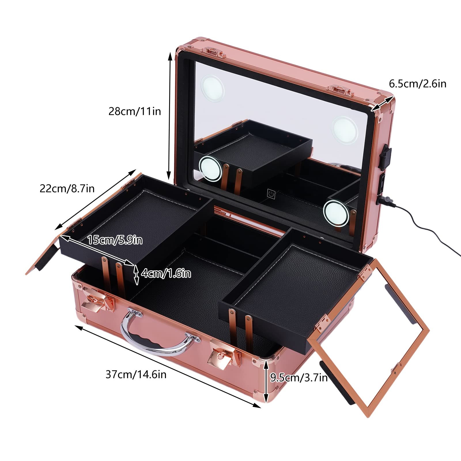 Makeup Train Case Lockable Makeup Organizer with Mirror and 3 Color Light Portable 2 Layer Makeup Case with Dividers Travel Makeup Case Make Up Bag for Cosmetics Jewelry,15*11*6In (Rose Gold)