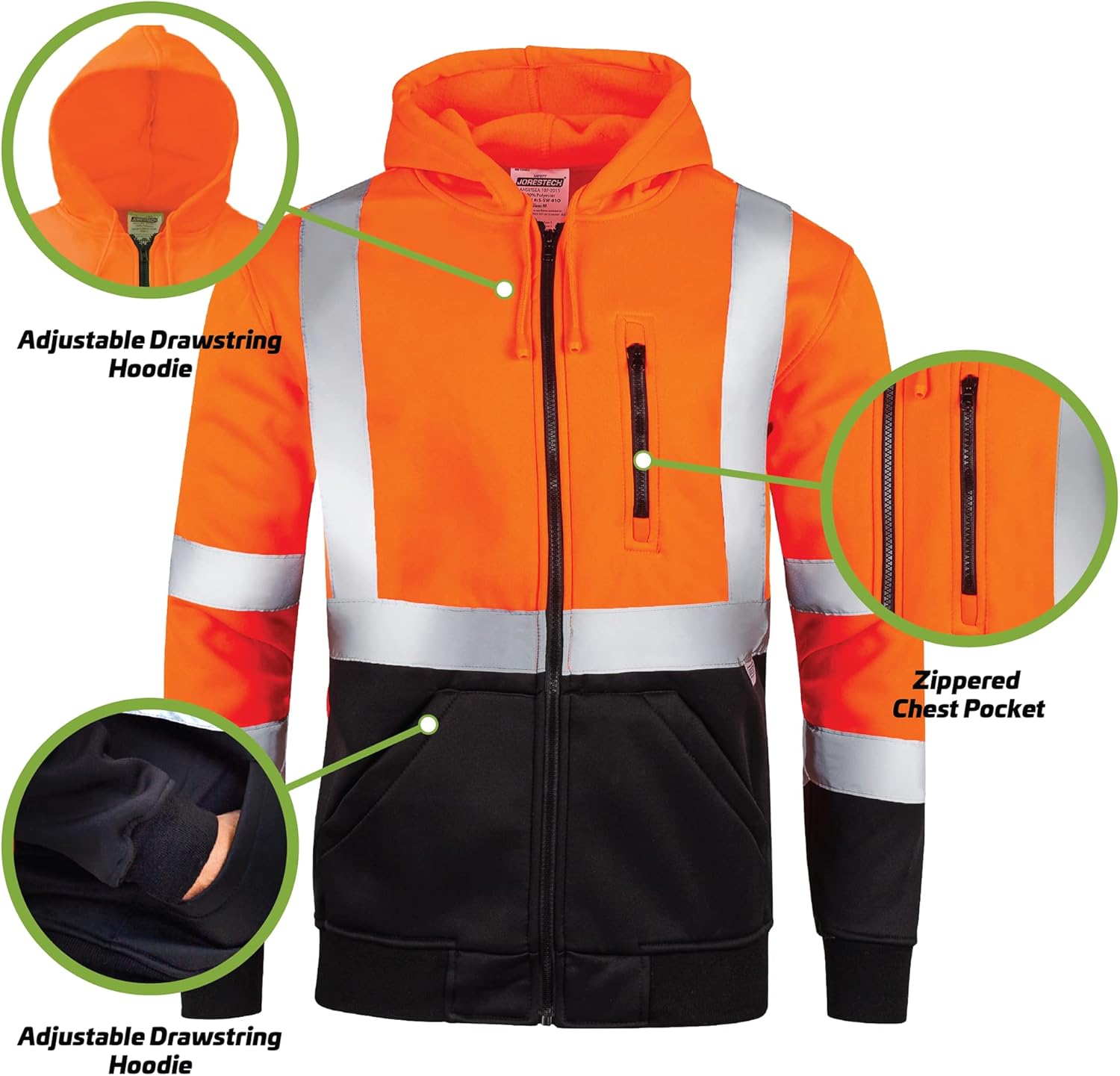 JORESTECH Hi-Visibility Full-Zip Safety Hoodie, ANSI/ISEA Compliant Reflective Work Sweater, 100% Polyester - Image 4