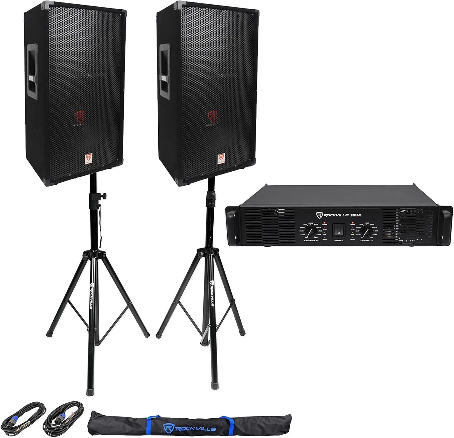 Rockville RSG12 Bundle: (2) 12-inch 3-Way 1000 Watt 8-Ohm Passive DJ PA Speakers, RPA9 3000 Watt Peak/800w RMS 2-Channel Power Amplifier, (2) RVSS2-TSNL4 Tripod Stands and SpeakOn Cables, 5-Items