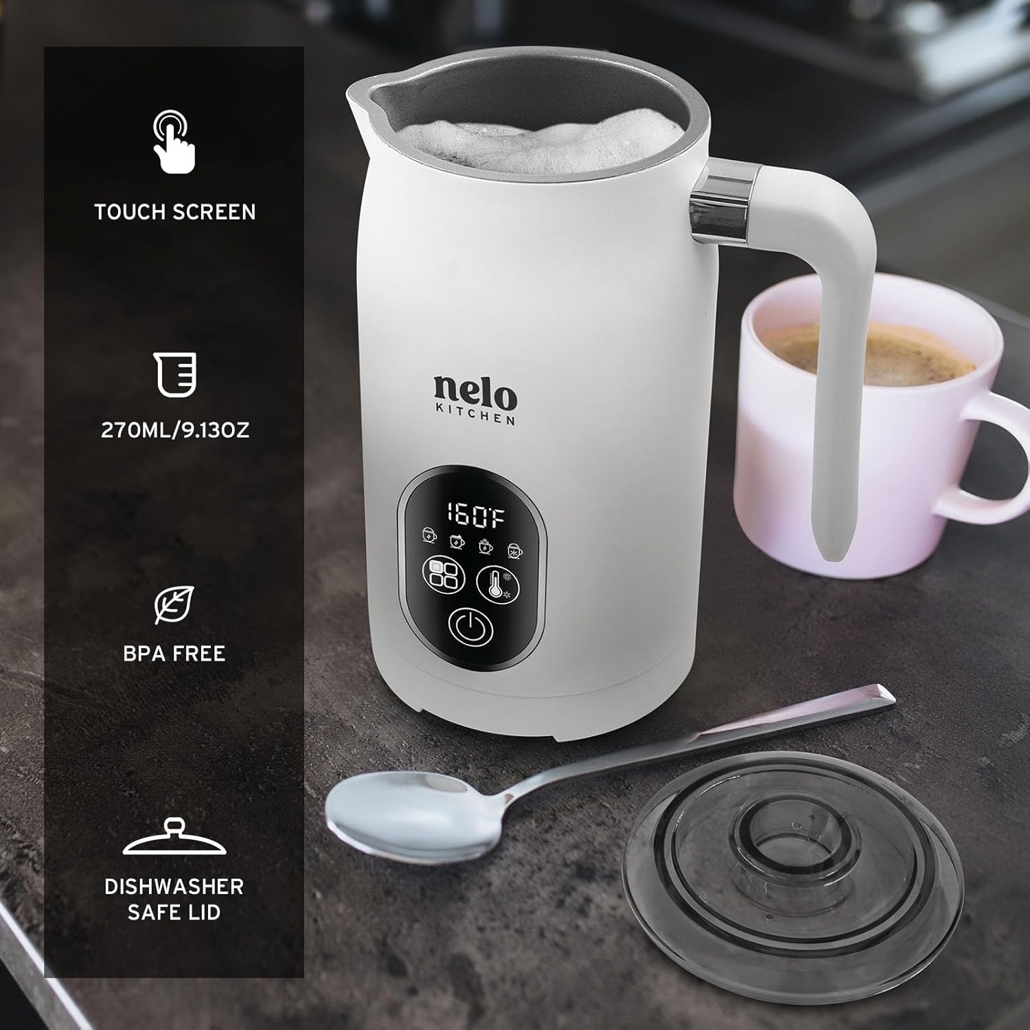 NELO Milk Frother with accessories and features highlighted