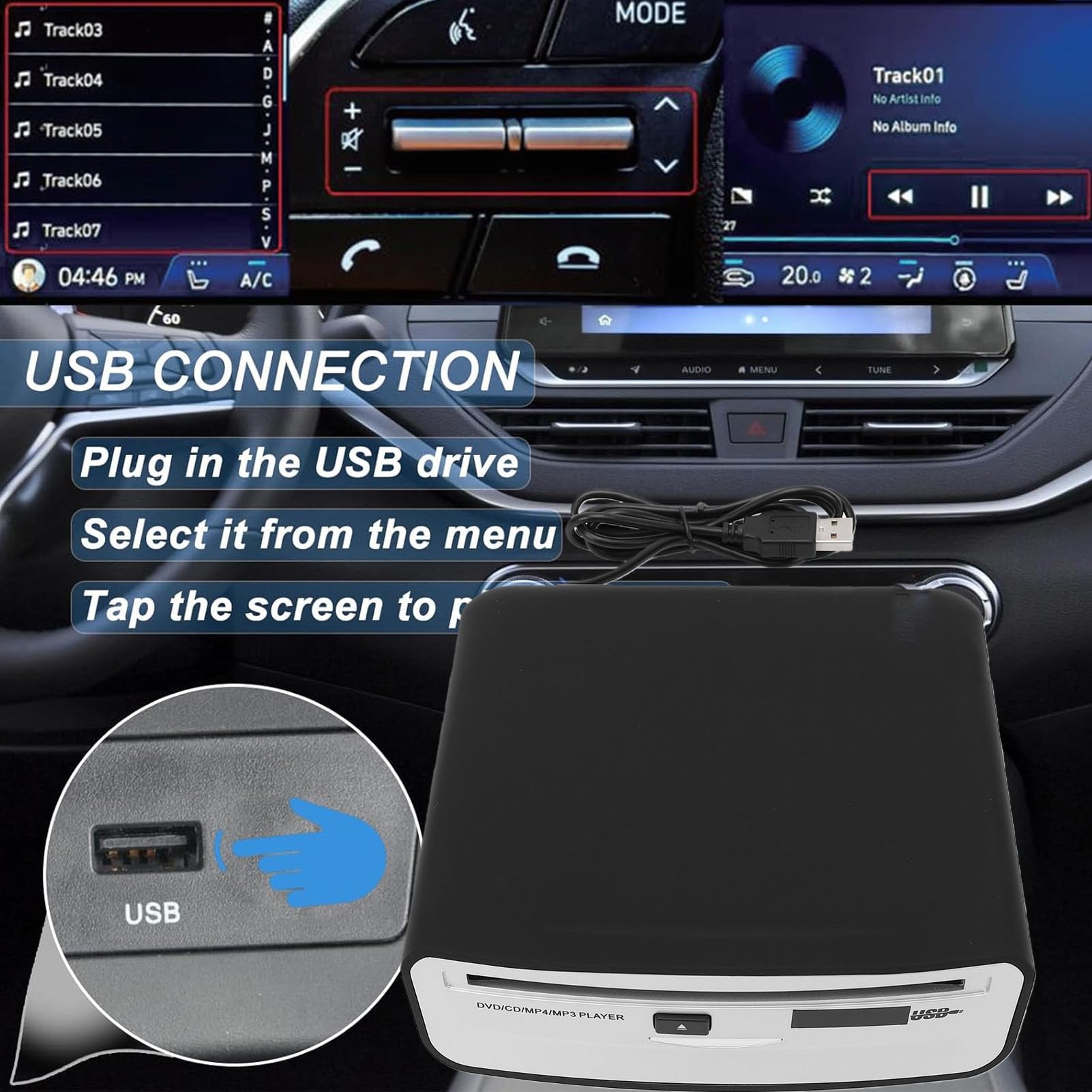 Przenośny Samochodowy Odtwarzacz CD, Profesjonalny, Odporny na Wstrząsy, Odporny na Przeskakiwanie Odtwarzacz Wznawiania Odtwarzania Zewnętrzny CD DVD USB do Pojazdów