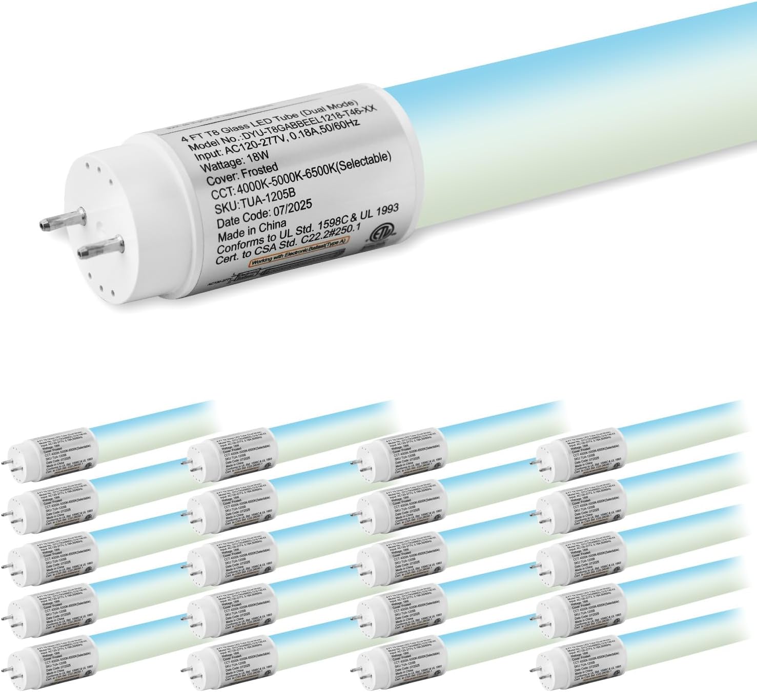 hykolity 20 Pack 3CCT 4FT LED T8 Hybrid Type A+B Light Tube, 18W, 4000K/5000K/6500K Selectable, Plug & Play or Ballast Bypass, Single or Double End Powered, 2300lm, T8 T10 T12, 120-277V, UL, FCC