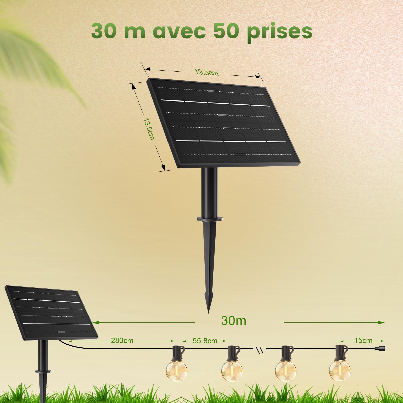 Yuusei Solar Lichterkette Outdoor, 30M Lichterkette Außen, IP65 Wasserdicht & 2700K Warmweiß, 50+2 G40 Dimmbar Aussen LED Glühbirnen Lights für Garten, Pavillon, Balkon, Camping, Party, Hochzei