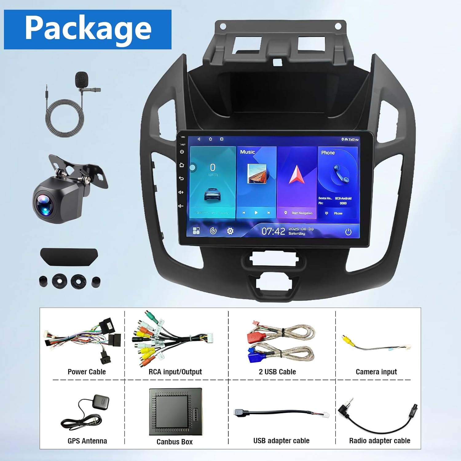 2+64GB Car Radio Stereo Compatible with Ford Transit Connect 2014-2018, 9 Inch Touch Screen Car Radio with CarPlay, GPS FM WiFi Bluetooth Backup Camera