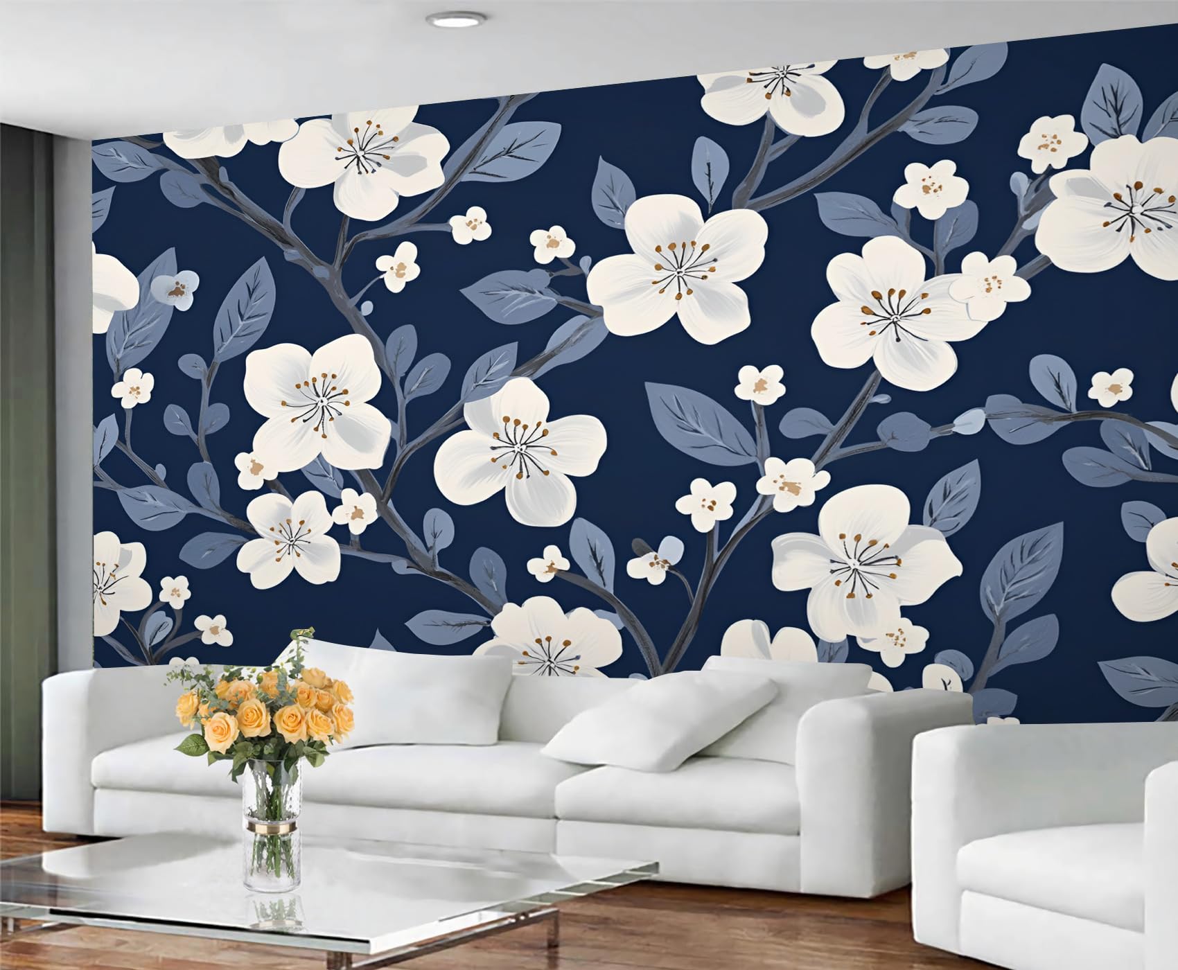 GIVLWF Wallpaper - Floral Home Decor & Mural, White Floral Bedroom Wallpaper, Blue Boho Wall Paper for Living Room, Large Wall Mural (Not Self-Adhesive) — image 1