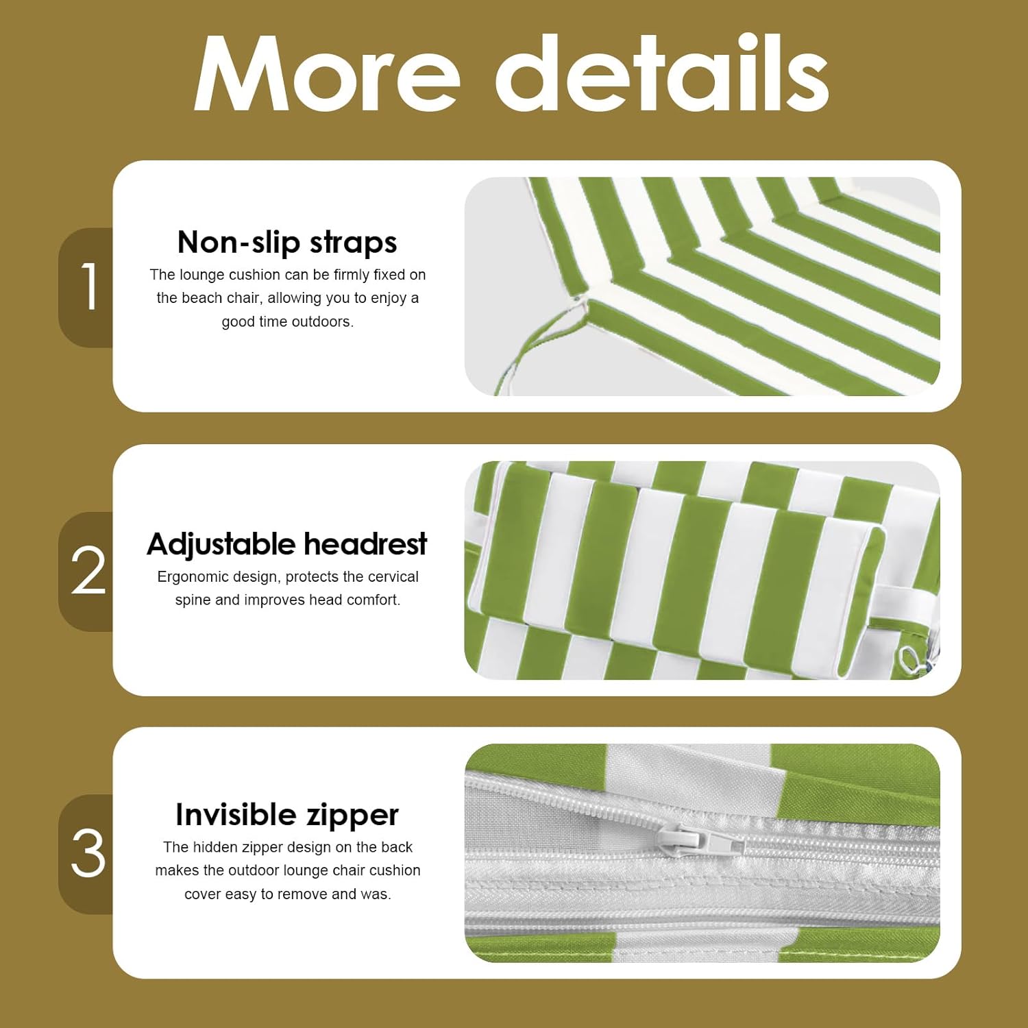 72 x 21 x 3 in. Outdoor Chaise Lounge Cushion Replacement, Thick High-Density Foam, Waterproof Patio Chair Pad (2, Grass Green & White Striped, 72" x 21" x 3")