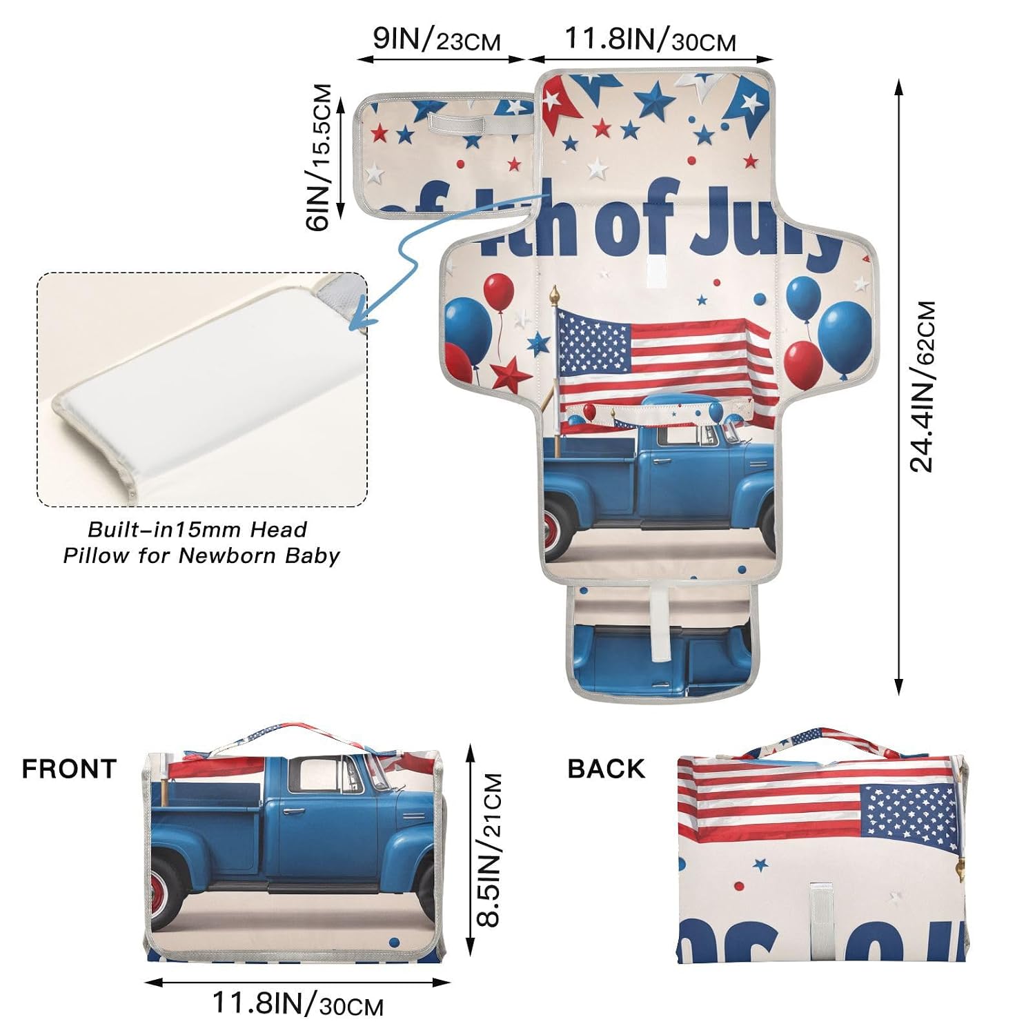 4th of July Independence Day Truck Blue Reusable Baby Pee Pads with Tissue Pocket Diaper Changing pad Portable for Moms, Dads cambiador de pa?ales para Bebes