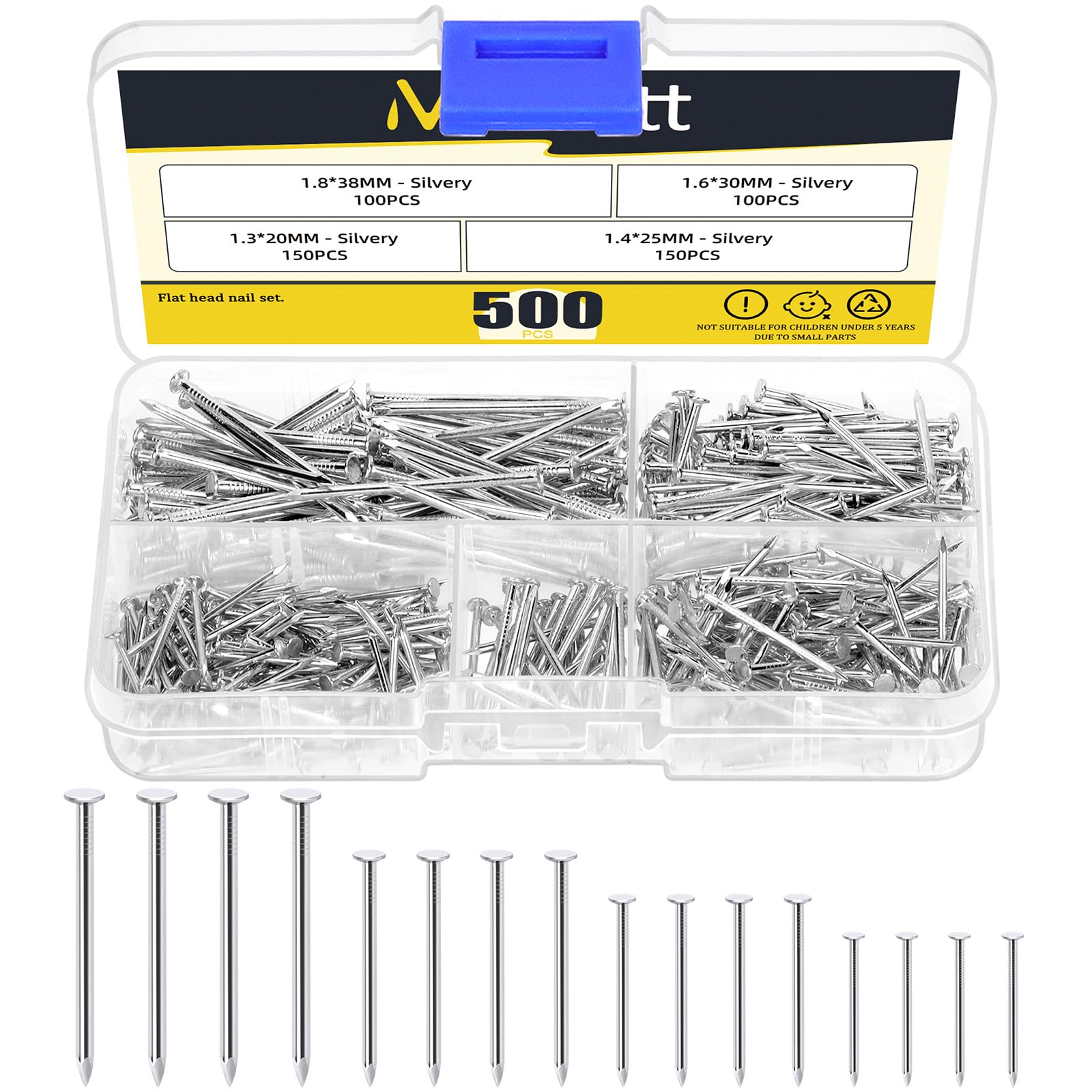 Mardatt 500Pcs 4 Sizes Hardware Nails Assortment Kit, Nails for Hanging Pictures Small Nails, Finishing Nails, Hanging Nails