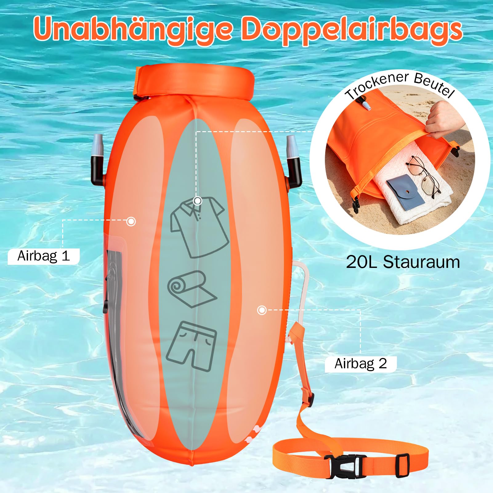 Kiiwah 20L Freiwasser Schwimmen Boje für Erwachsene und Kinder, Aufblasbare Schwimmboje mit Trockentasche Boje für Schwimmer PVC Dry Bag Hohe Sichtbarkeit Schwimm Bojen für Open Water und Triathlon