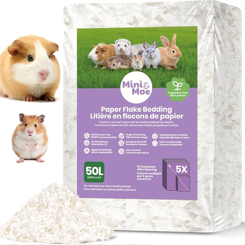 Hamster Bedding 50L Guinea Pig Paper Bedding Odor Control 99% Dust-Free | Small Pet Bedding Natural Paper Expands 5X Soft Dust-Free Unscented Support Burrowing, Nesting, Easier Daily Cage Care