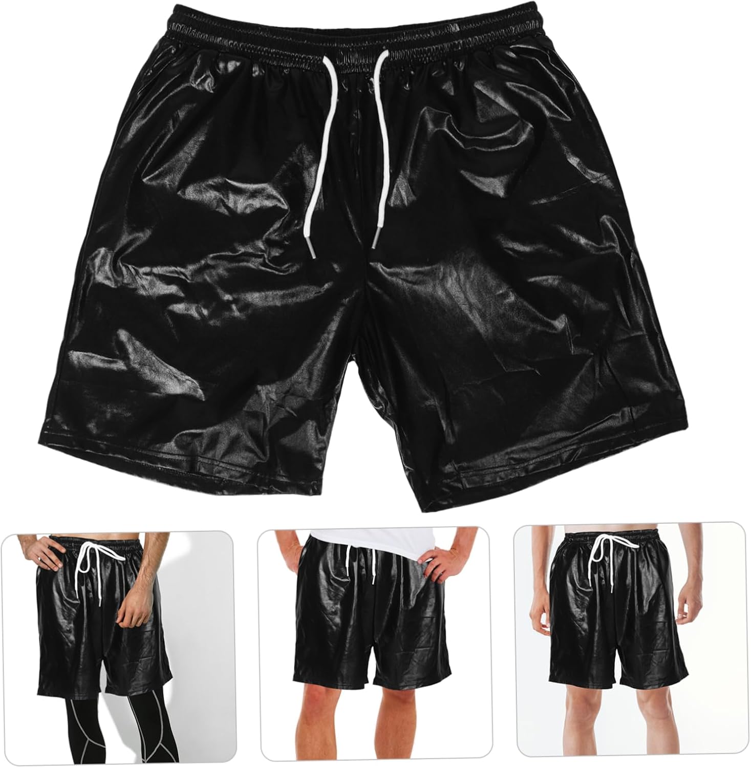 Men's Metallic Shiny Disco Shorts Comfortable Breathable Rave Pants Performance Outfit for Dance Parties Nightclub Events Black