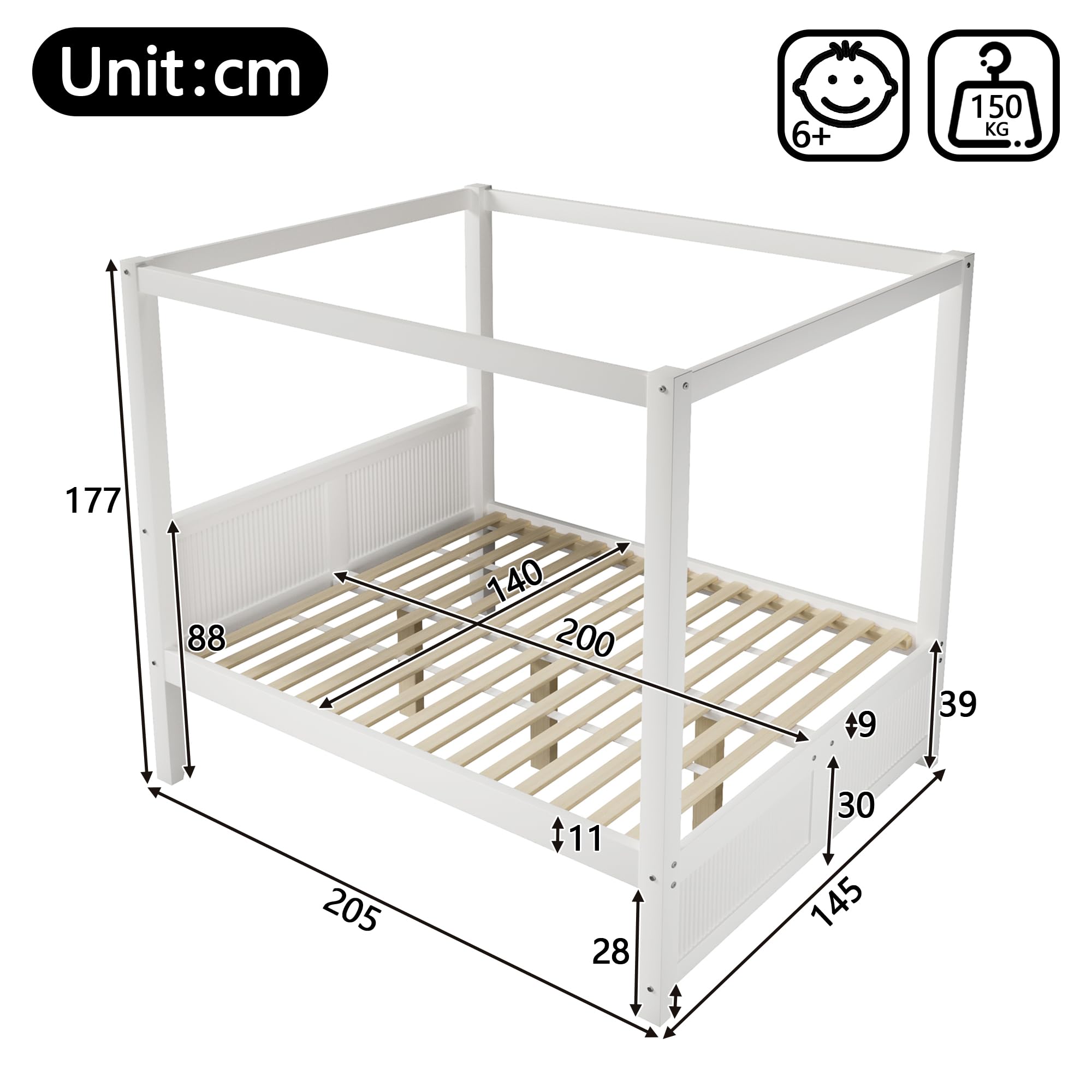 Himmelbett 140x200 cm aus Holz mit dekorativem Dachrahmen und vertikalen Lamellen am Kopf- und Fußteil, Weiß