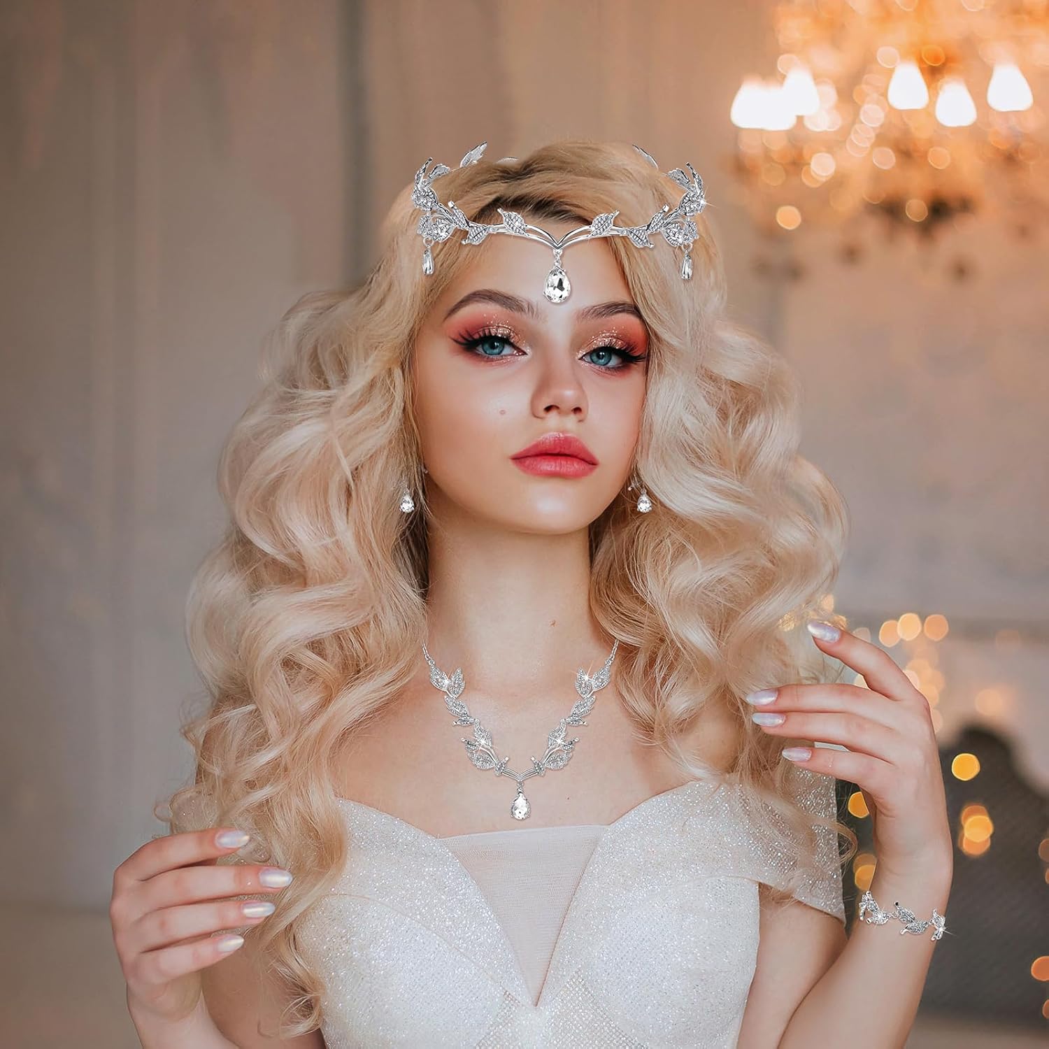 Sasylvia Wedding Jewelry Set for Women, Rhinestone Leaf Tiara Headband Crown Necklace Earrings Bracelet for Women - Image 7