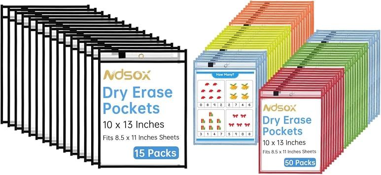 Ndsox 15 Packs Black Dry Erase Pockets Bundle | 50 Packs 5 Colors Dry Erase Pockets