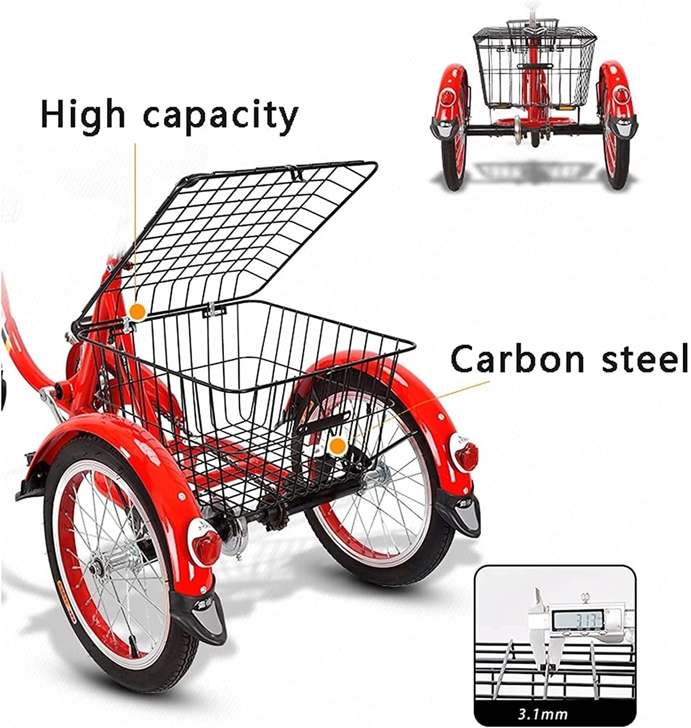 Comfort Three-Wheeled Bicycles for Seniors 1 Speed Adult Trikes 16 Inch 3 Wheel Bikes Three-Wheeled Bicycles with Shopping Basket for Adult Seniors Women Men City Bike