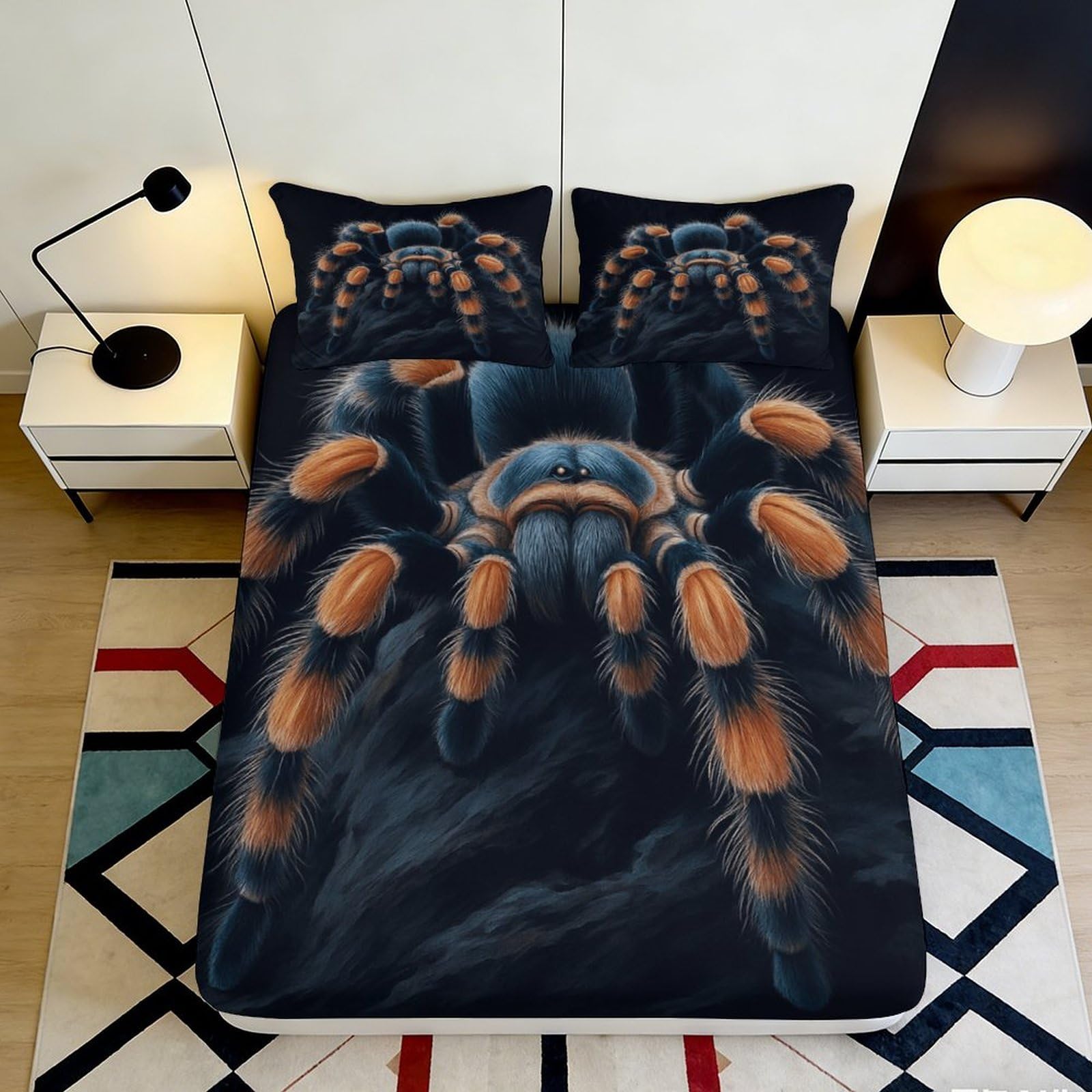 3D Printed Tarantula Pattern Fitted Sheet Microfiber Soft Black Orange Spider Bed Cover for Bedroom Dorm Guest Room Easy Care 90x200x25cm