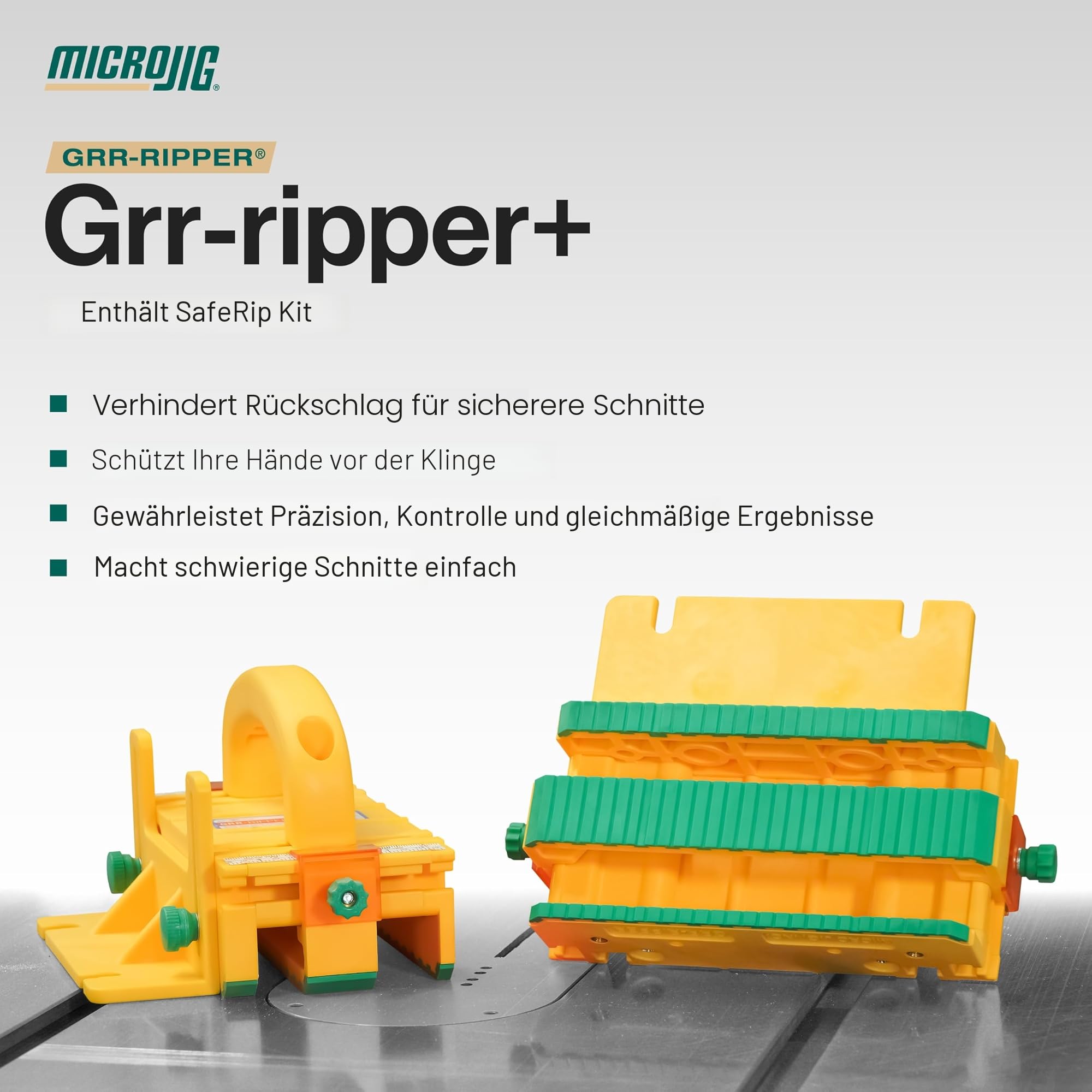 GRR-RIPPER+ by Microjig Inklusive SafeRip-Kit Voll verstellbarer 3D-Druckblock für Tischsägen, Frästische, Bandsägen und Fugenfräse (SKU: GR-100+) Gelb/Grün