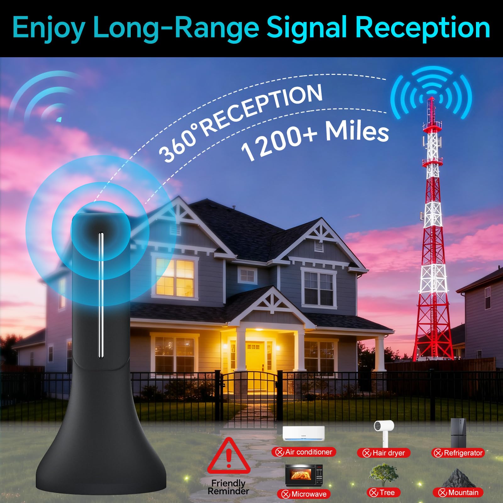 Antenna TV digitale per interni aggiornata 2026, antenna HD per ricezione a 360° a lungo raggio per Smart TV e tutti i vecchi televisori, amplificatore di segnale cavo coassiale da 4 m, supporta