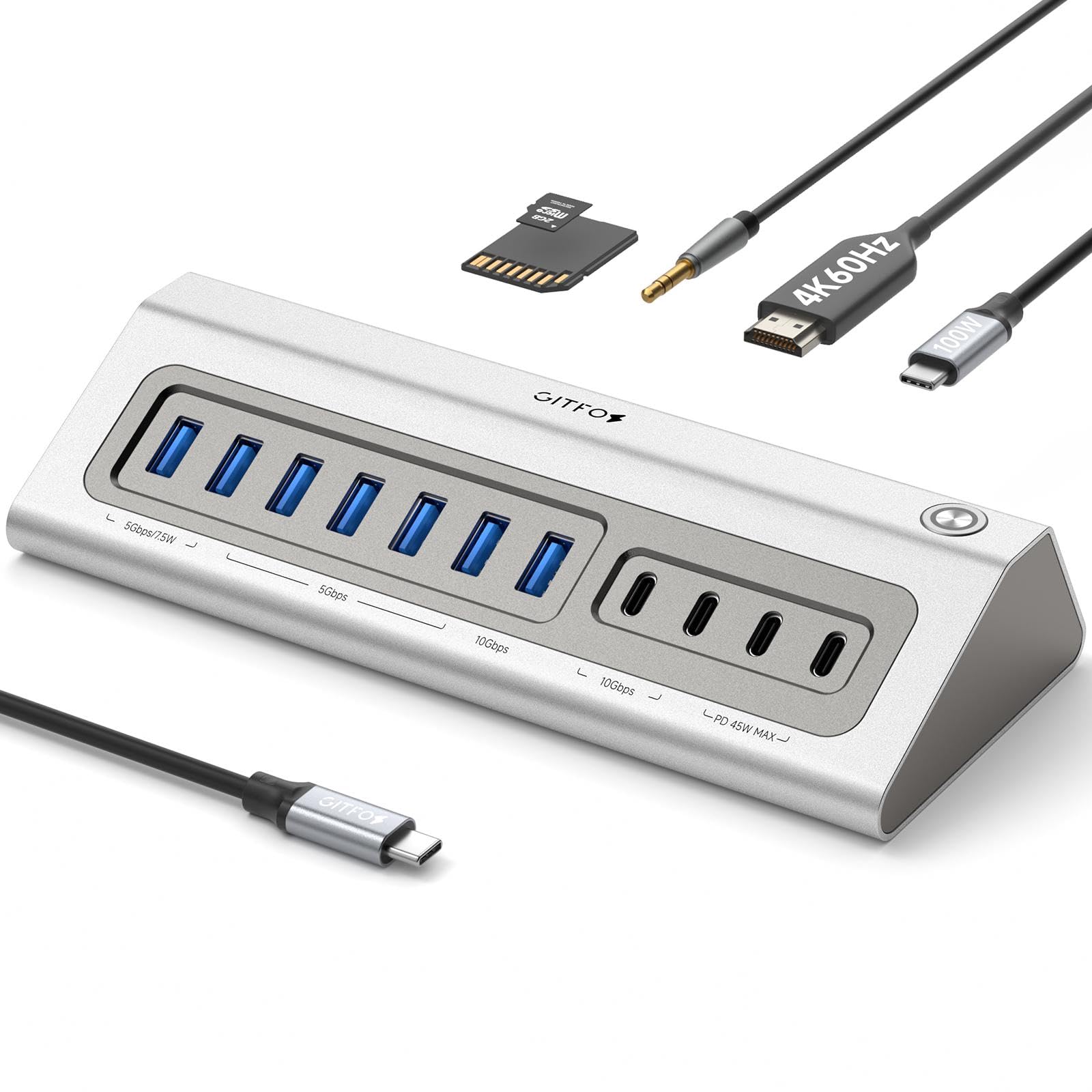 Gitfos Powered USB C Hub,18 in 1 USB Hub with 4K HDMI,PD 100W,45W Charging,10Gbps Data,SD/TF,Audio,65W Power Adapter & 3.3FT Cable,Aluminum,Smart Button, USB Hub for Laptop,MacBook,iPhone 17/16,iPad-image-33